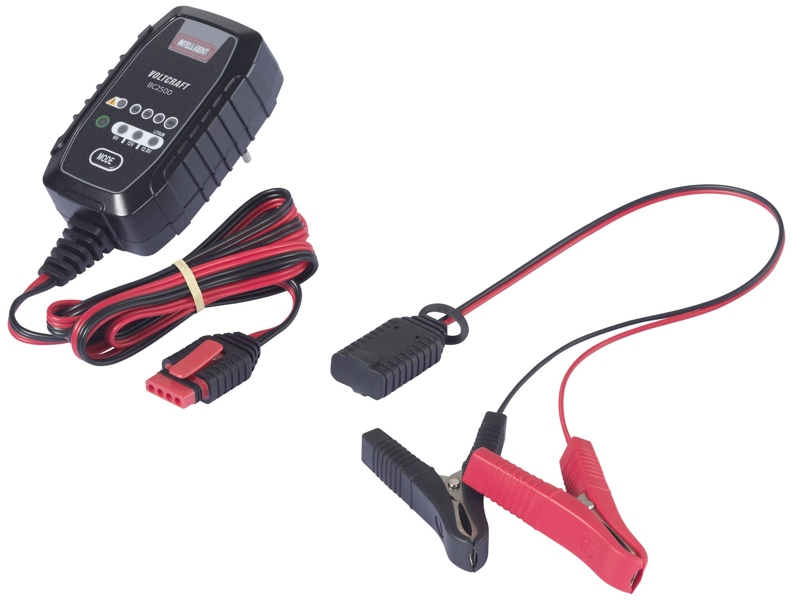 Ladegerät mit Kabeln; links ein Gerät mit LED-Anzeigen, rechts rote und schwarze Klemmen. Zur Aufladung von Batterien.