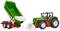 Ein grüner Spielzeugtraktor mit Anhänger und Schaufel, designed für Kinder, gezeigt mit hochgekipptem Anhänger.