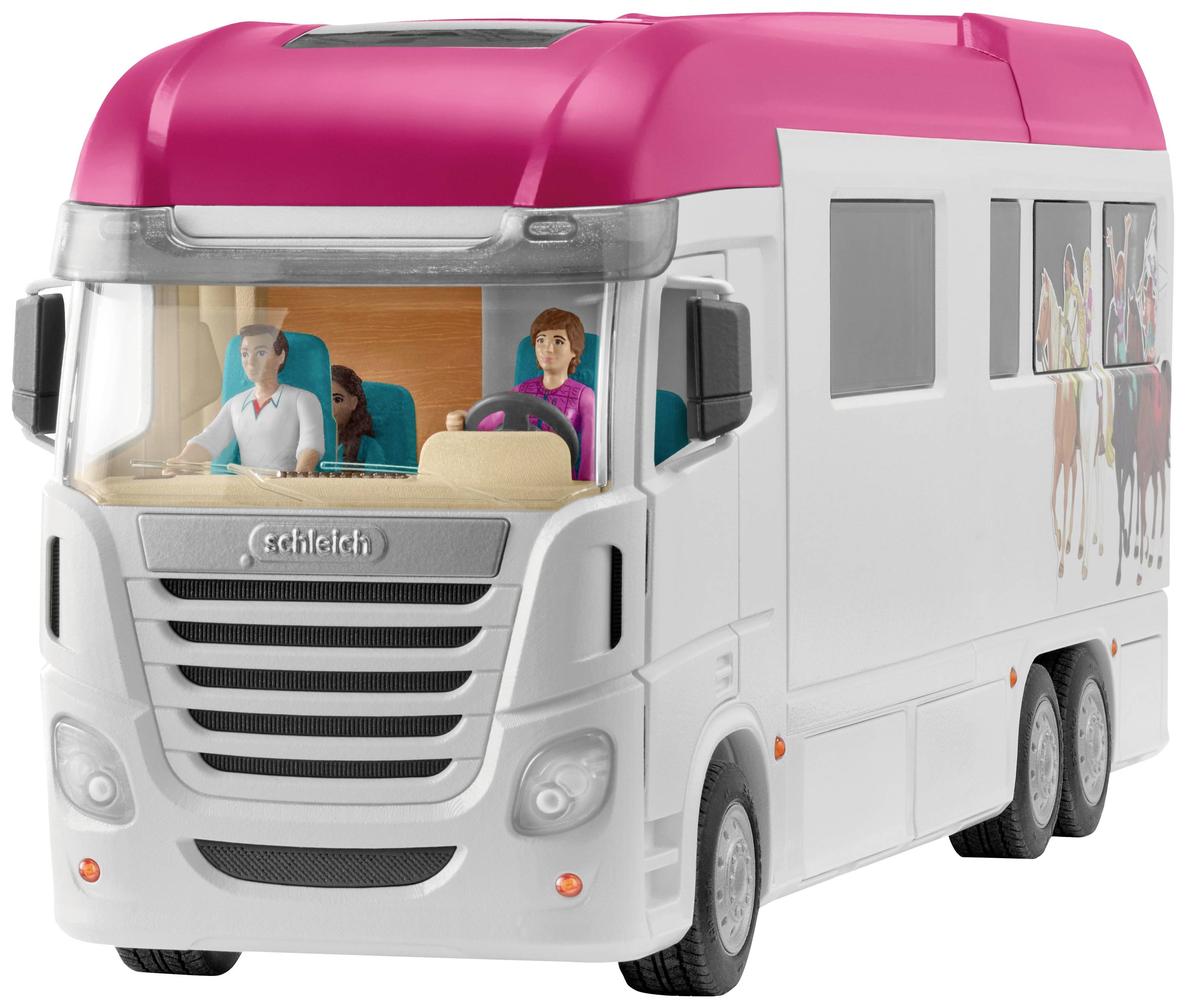 Ein Spielzeugwohnmobil mit rosa Dach, drei Figuren im Inneren. Außen sind Pferdebilder abgebildet.