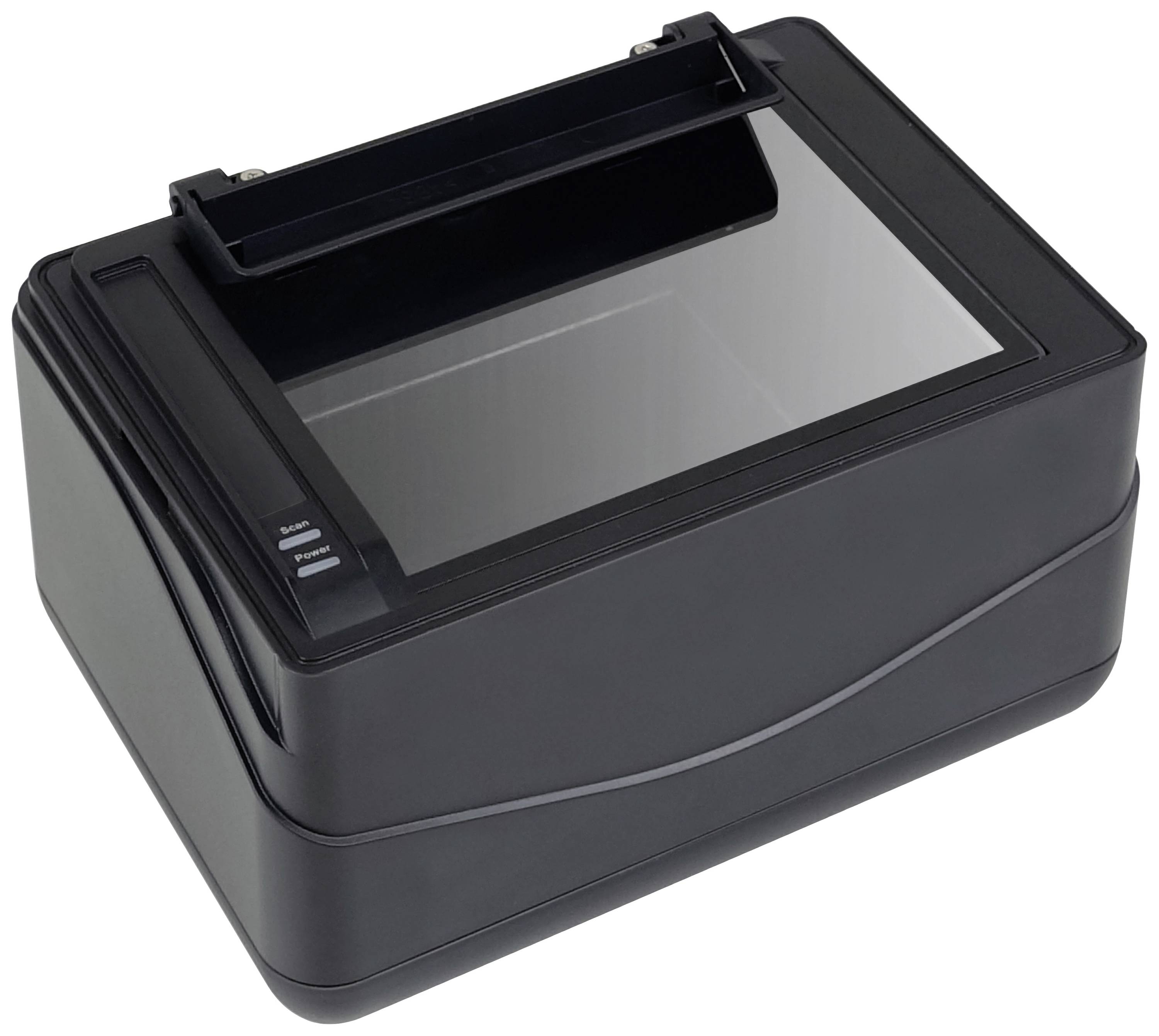 Ein schwarzer Lichttisch mit transparentem Glasdeckel zum Durchleuchten von Filmnegativen oder Dias, benutzerfreundlich durch Schalter auf der Seite.