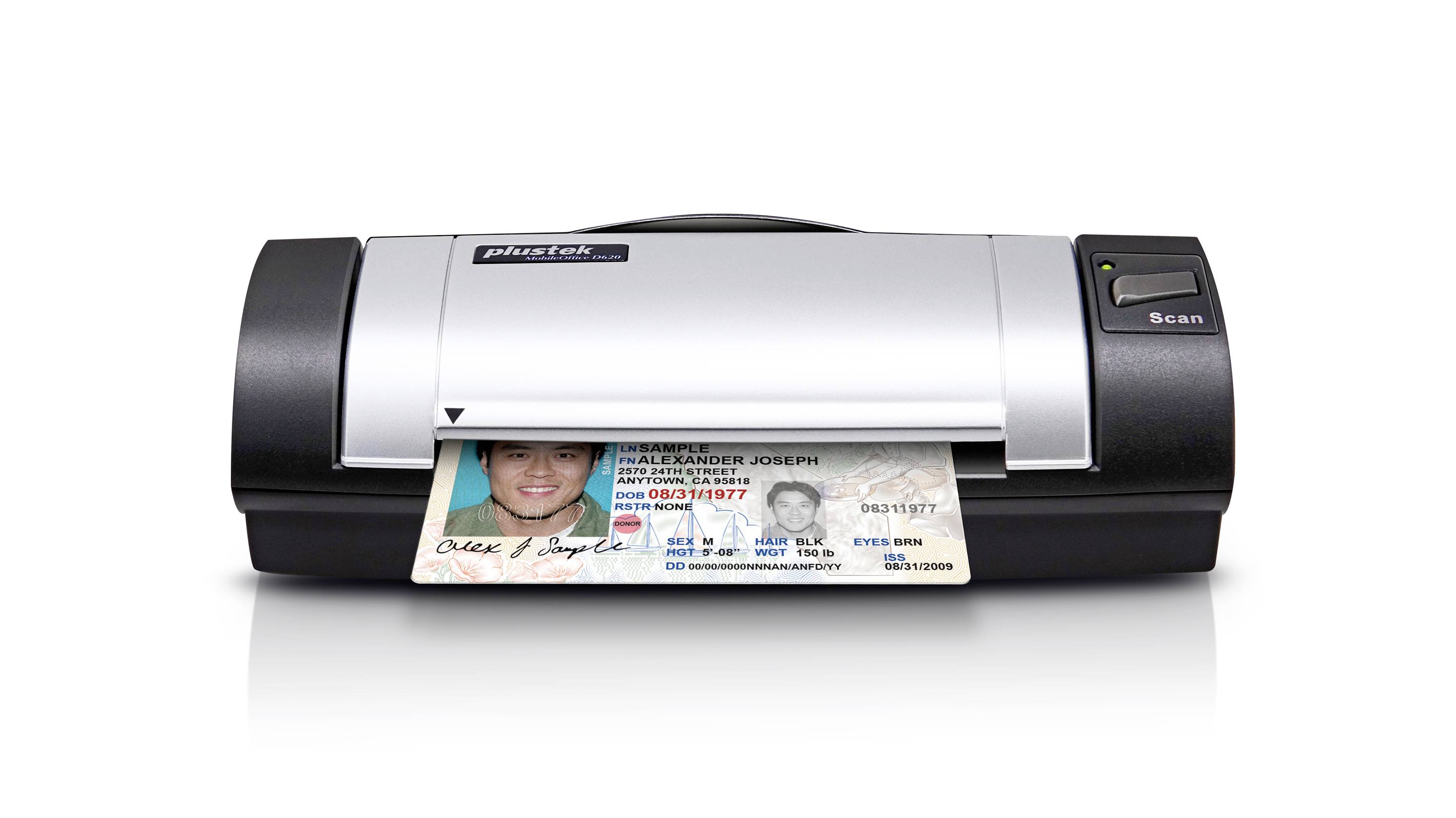 Ein Dokumentenscanner, der einen Personalausweis scannt. Der Ausweis zeigt ein Foto und persönliche Daten, die teilweise erkennbar sind.