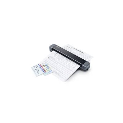Ein kompakter Dokumentenscanner scannt ein Formular und eine ID-Karte. Der Scanner eignet sich für unterwegs und Büroanwendungen.