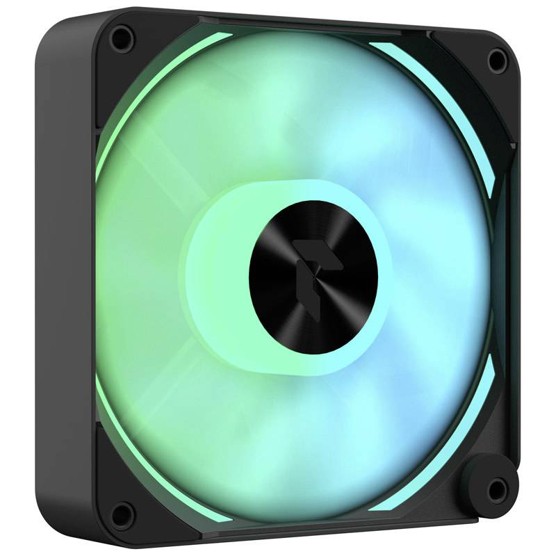 Ein quadratischer schwarzer Computerlüfter mit hellblauer und grüner LED-Beleuchtung, montiert an einem Kunststoffgehäuse.