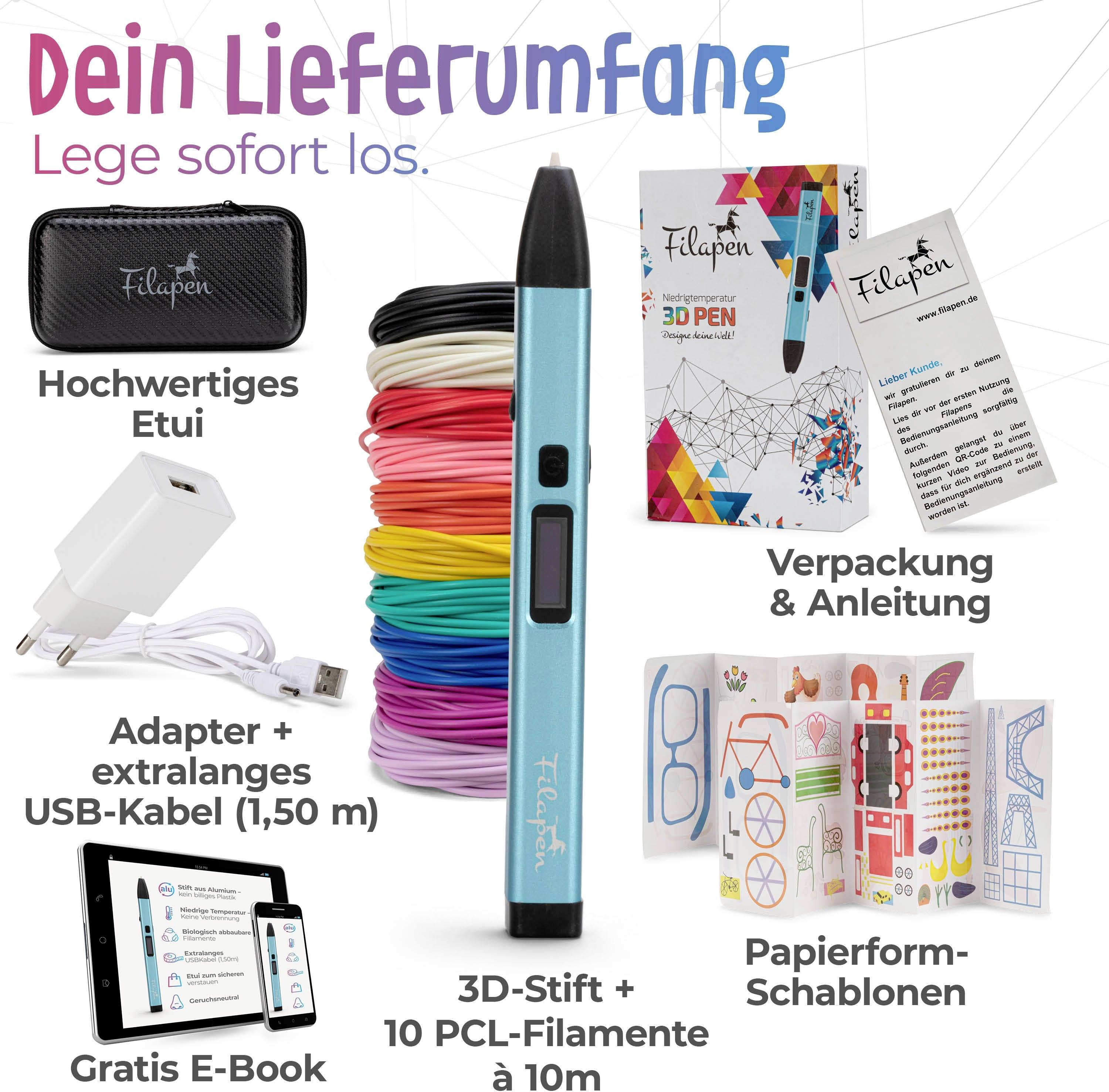 'Dein Lieferumfang Lege sofort los.' zeigt 3D-Stift, 10 PCL-Filamente, Etui, Adapter, USB-Kabel, Verpackung, Anleitung, Gratis E-Book, Papierform-Schablonen.