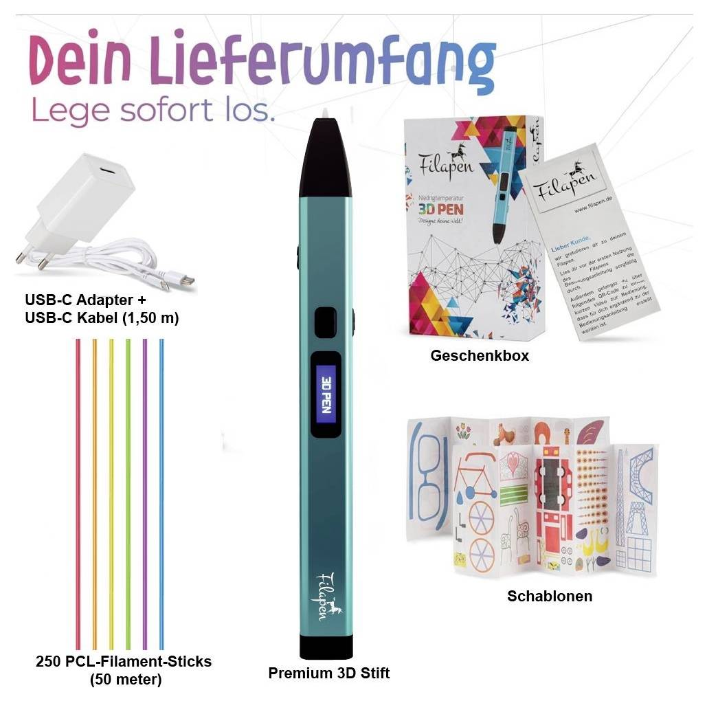 Abbildung des Lieferumfangs: Premium 3D-Stift, USB-C-Adapter mit 1,5-m-Kabel, 250 PCL-Filament-Sticks, Geschenkbox und Schablonen.<br>