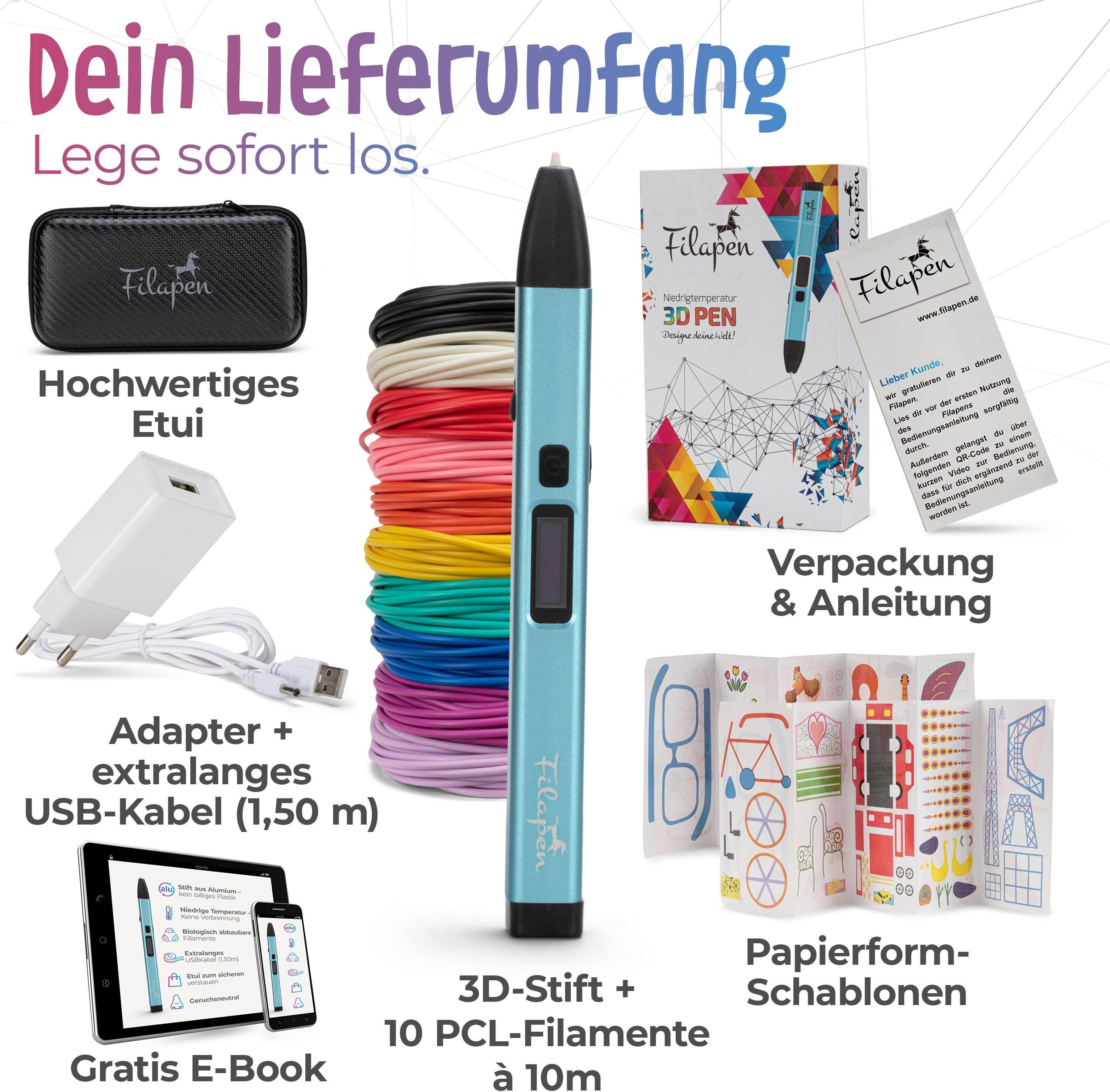 '3D-Stift' Set: Enthält Stift, 10 PCL-Filamente, hochwertiges Etui, Verpackung, Anleitung, Adapter mit USB-Kabel und E-Book.