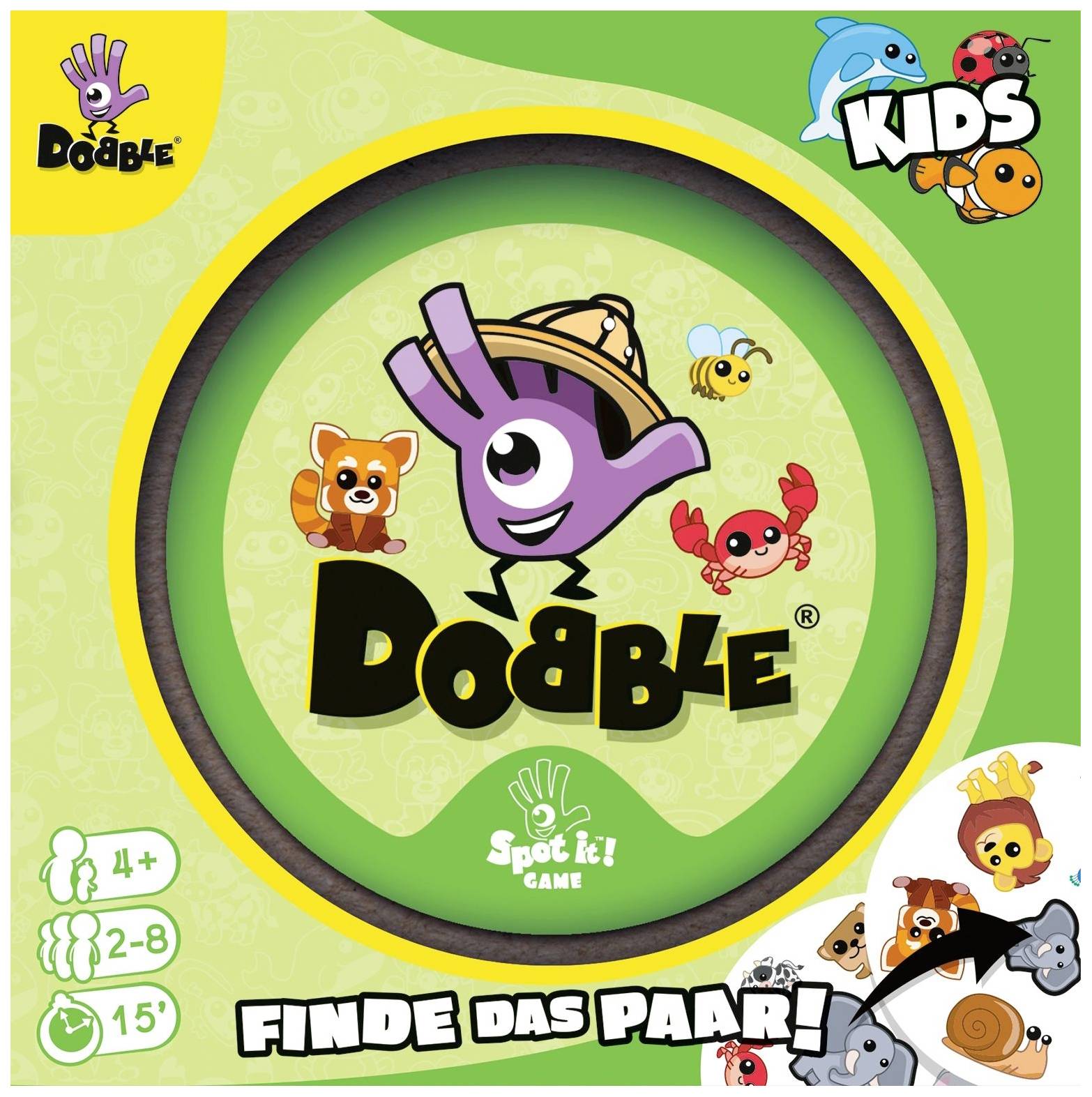 'Kinder-Spiel-'Dobble Kids'. Zeigt Cartoon-Tiere wie Panda, Krebs, Fische, zwei bis acht Spieler, geeignet ab vier Jahren, 15 Minuten Spielzeit.'
