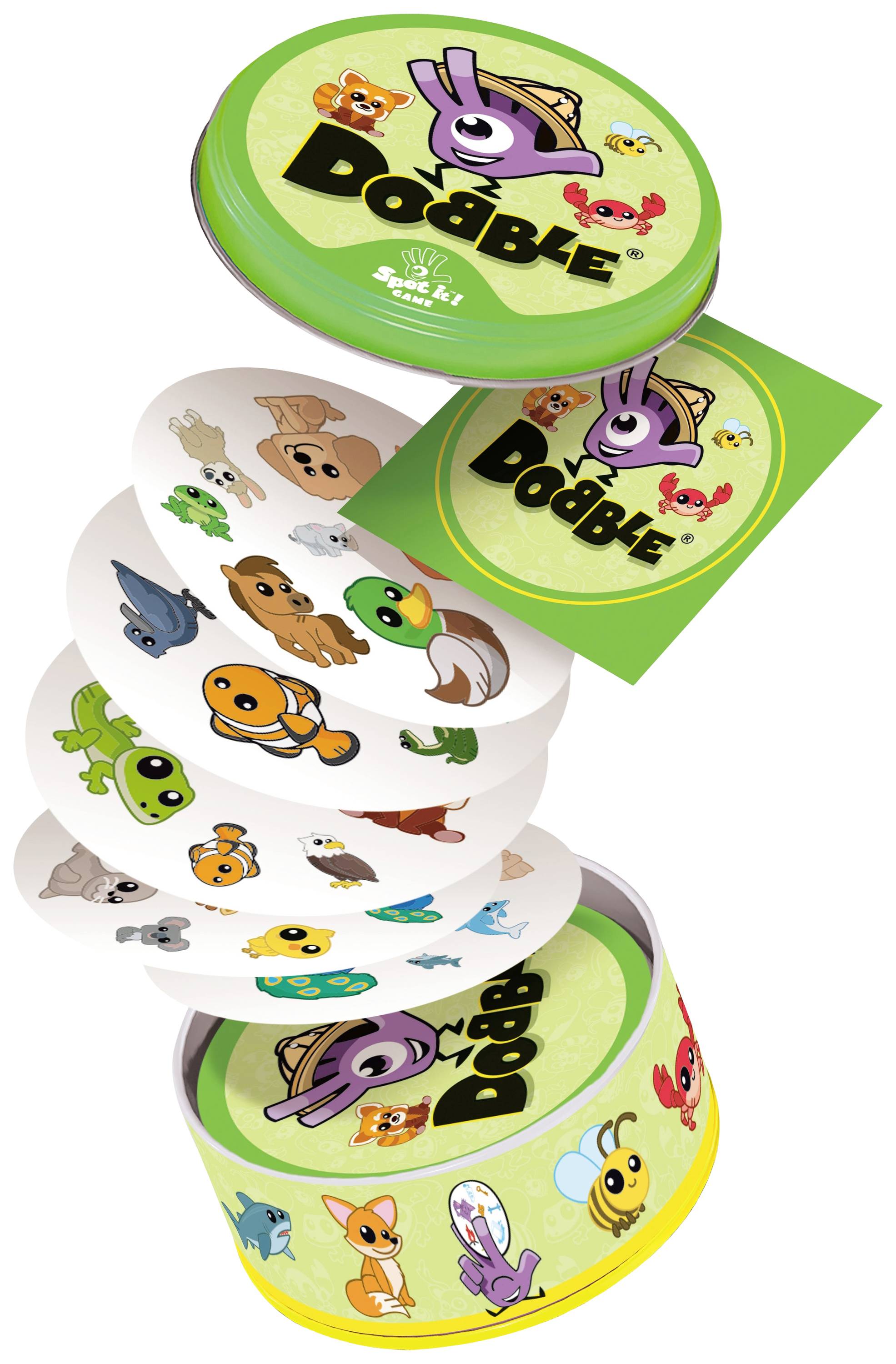 Ein Kartenspiel namens 'Dobble' mit runden Karten, auf denen bunte Symbole und Figuren abgebildet sind, in einer grünen Dose.