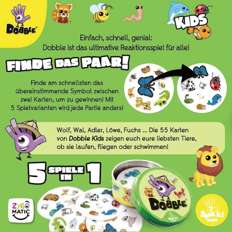 'Finde das Paar!' Anleitung für Dobble Kids. Schnelles Reaktionsspiel für 2 bis 5 Spieler. Tiere wie Wolf, Wal, Adler und Fuchs sind abgebildet.