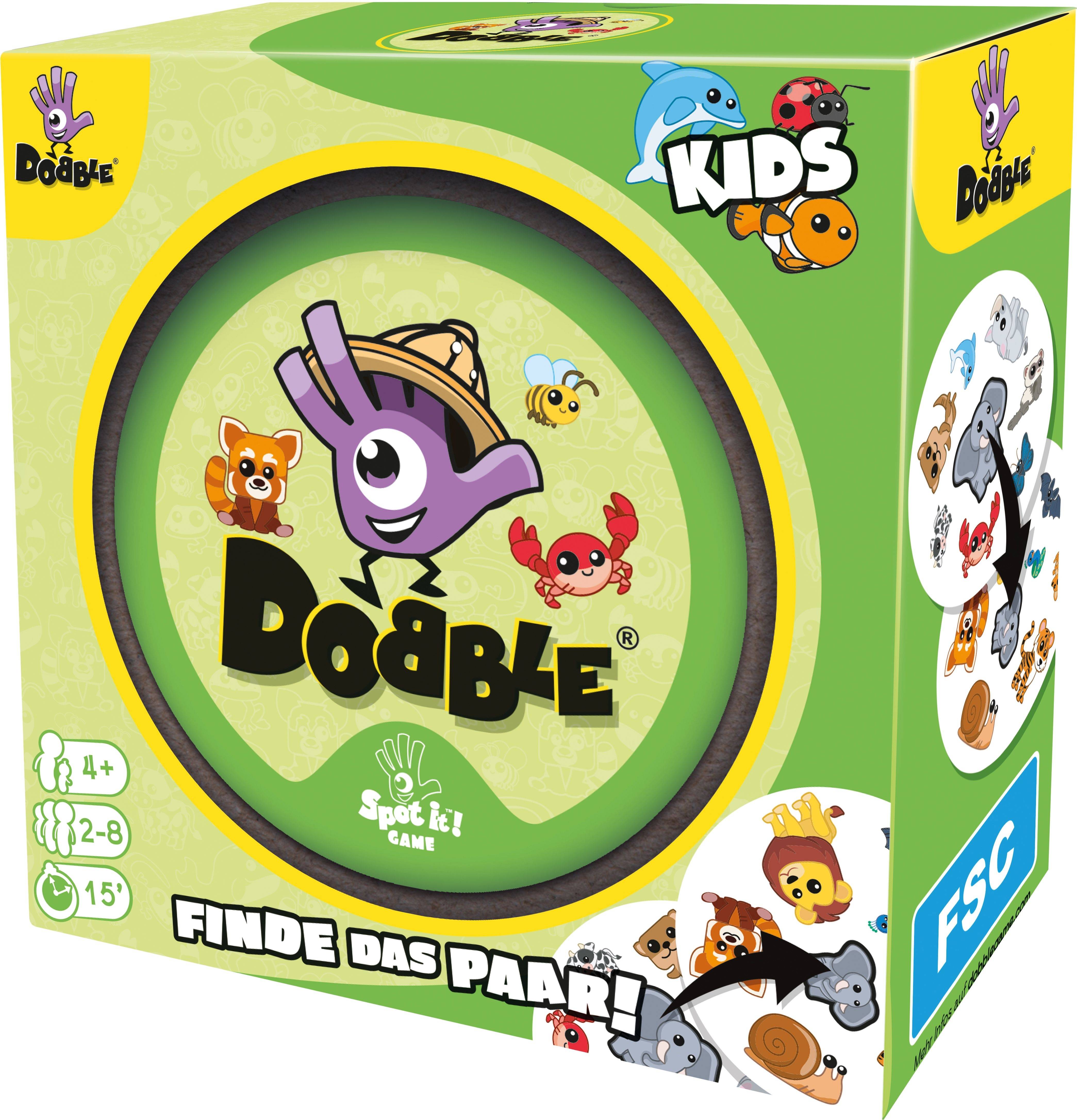 'Dobble Kids'-Spielverpackung mit bunten Tierabbildungen. Für 2-8 Spieler, ab 4 Jahren. Dauer: 15 Minuten. Slogan: 'Finde das Paar!'.