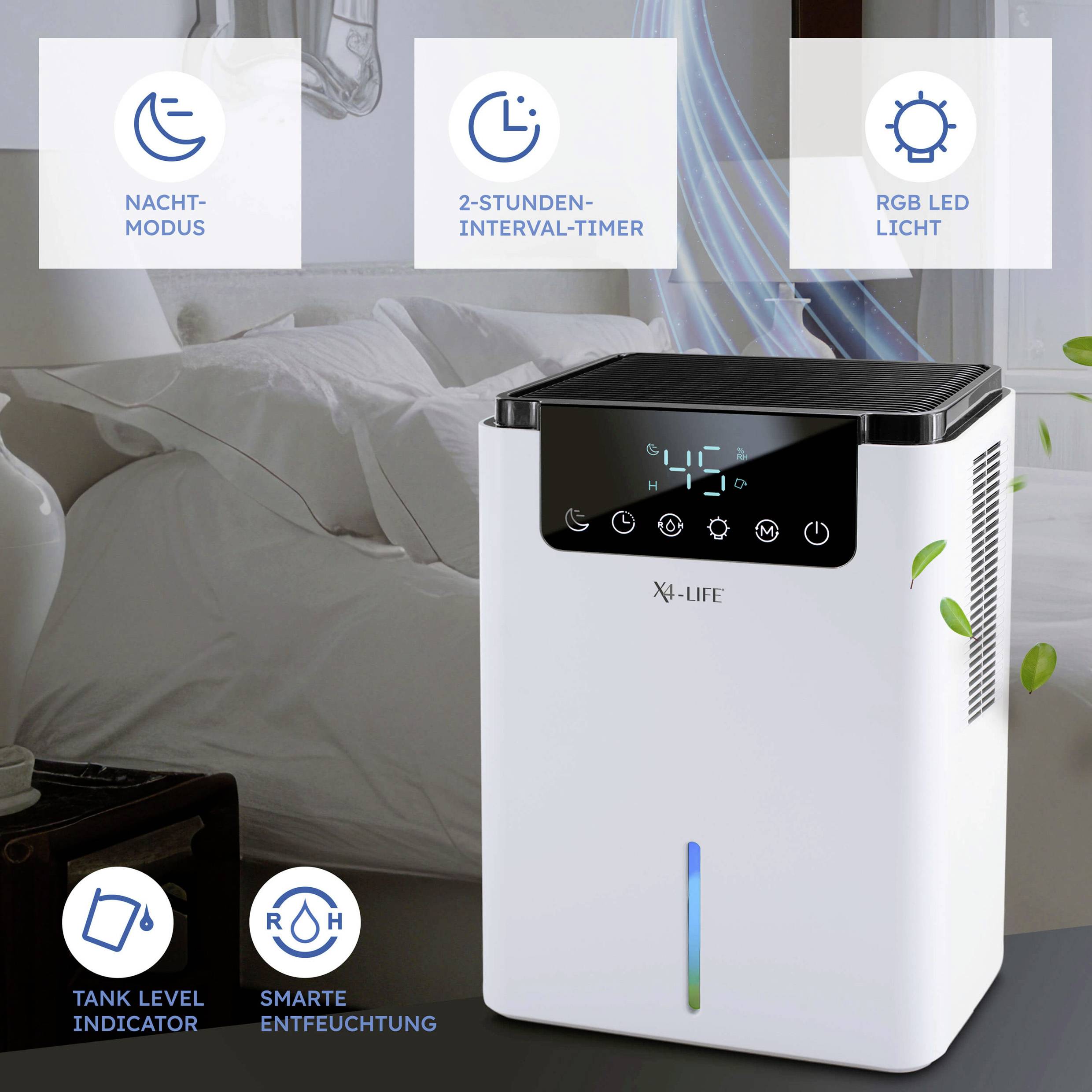 'Ein Luftreiniger mit Nachtmodus, 2-Stunden-Intervall-Timer, RGB LED Licht und Feuchtigkeitsanzeige, steht vor einem Bett.'