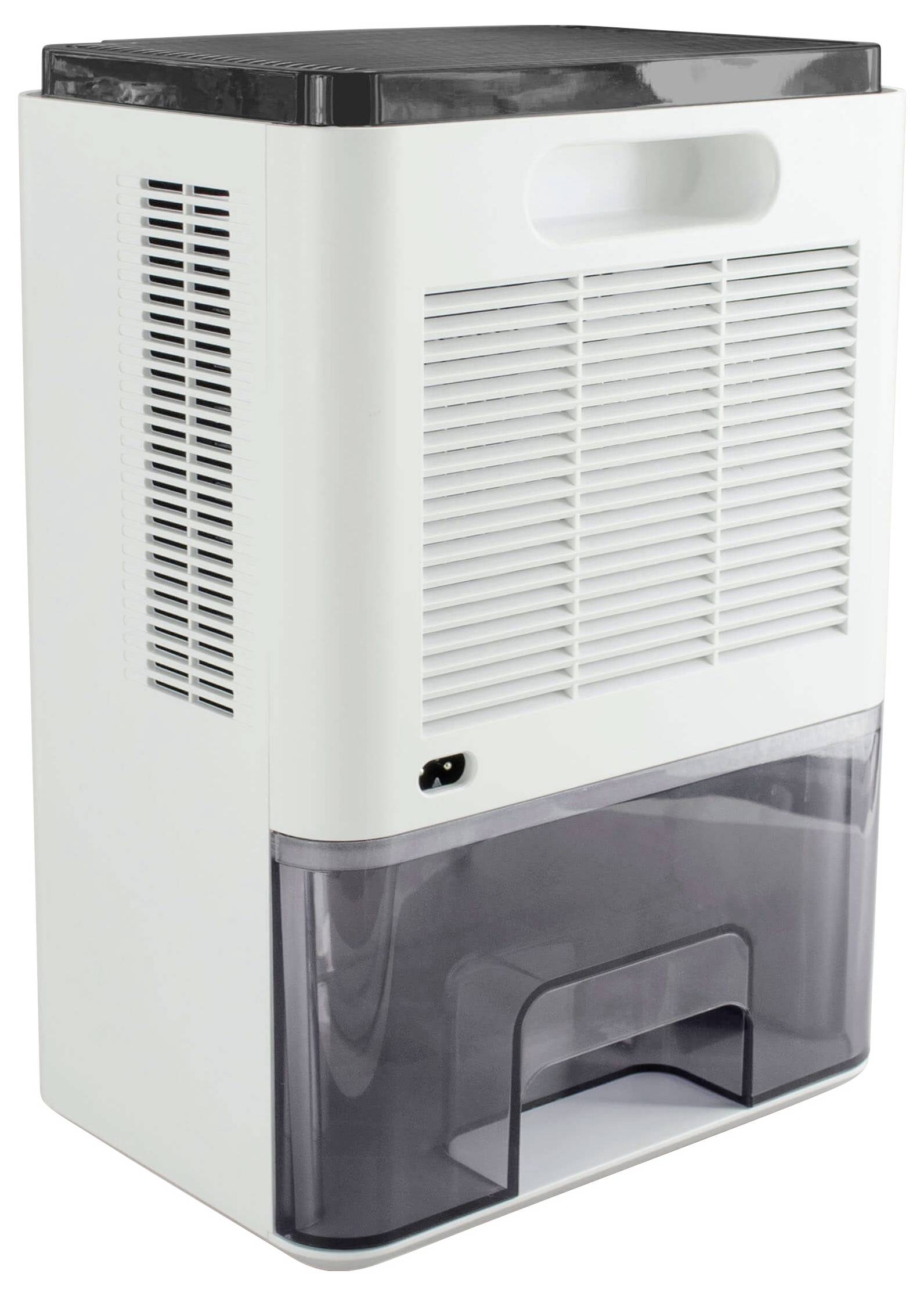 Ein weißer Luftentfeuchter mit einem transparenten Wasserbehälter und Lüftungsschlitzen an der Vorderseite.