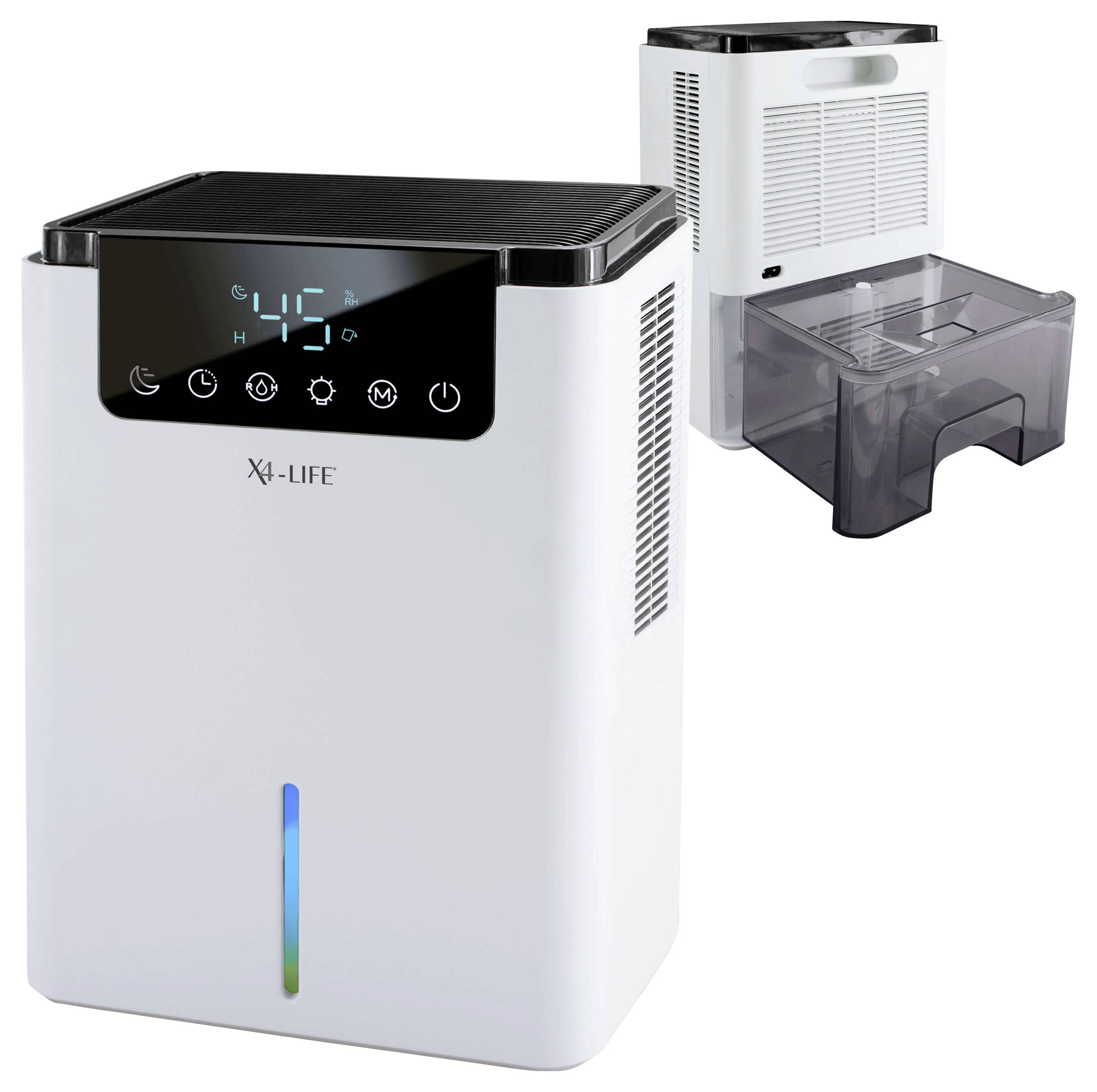 Luftentfeuchter mit digitalem Display zeigt '45%' an. Herausnehmbarer Wassertank rechts daneben. Weiße, moderne Ausführung.