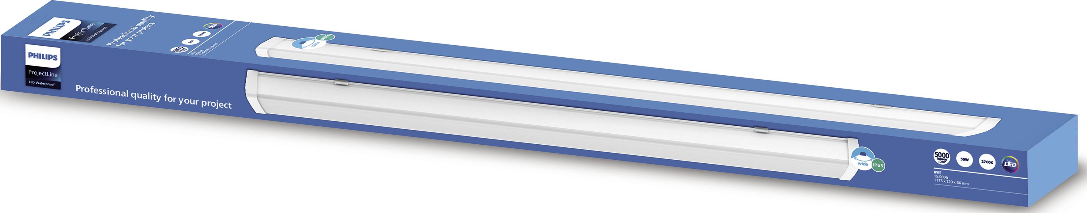 Verpackung einer LED-Röhre, blaue Umverpackung mit Produktbild, Markenname oben links. Text: 'Professional quality for your project'.