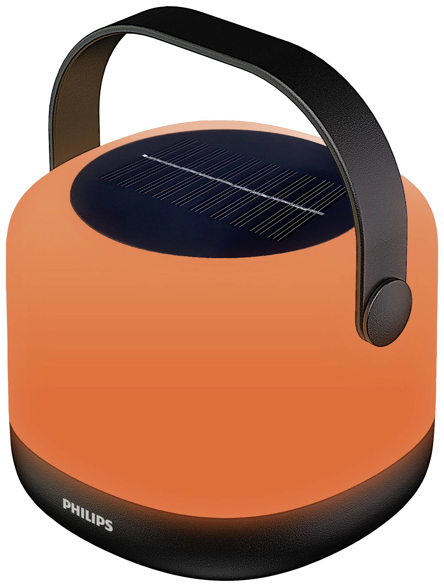 Solarlaterne mit einem stabilen Griff und orange-schwarzem Design. Oben befindet sich ein Solarpanel zur Energiegewinnung.