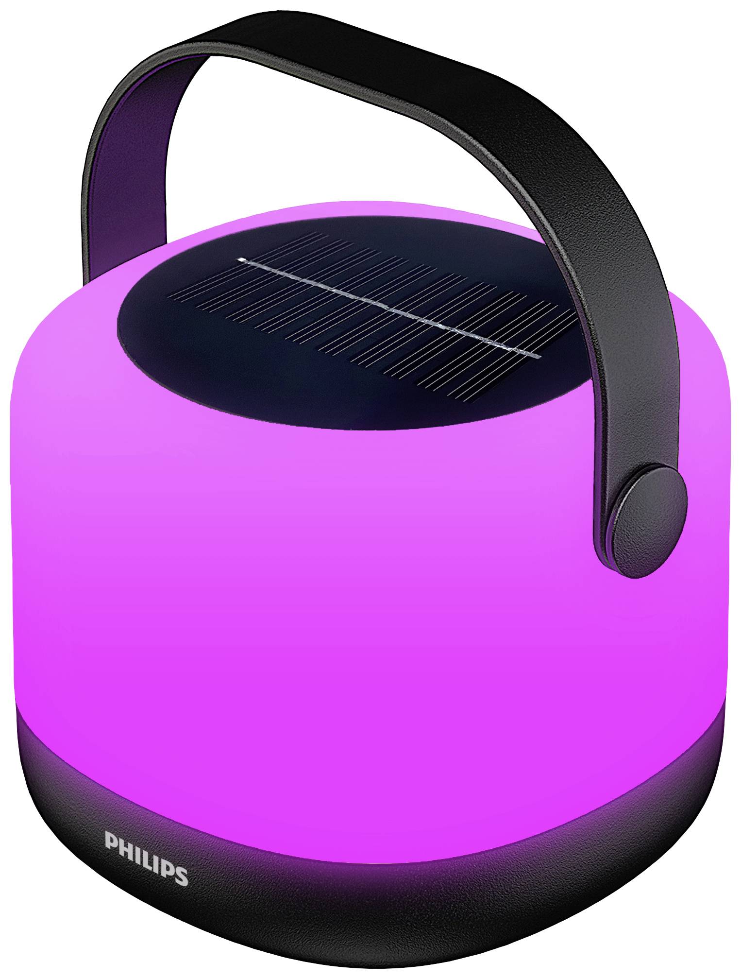 Eine tragbare, runde LED-Lampe von Philips mit einem schwarzen Griff, leuchtet in kräftigem Rosa, ideal für stimmungsvolle Beleuchtung.