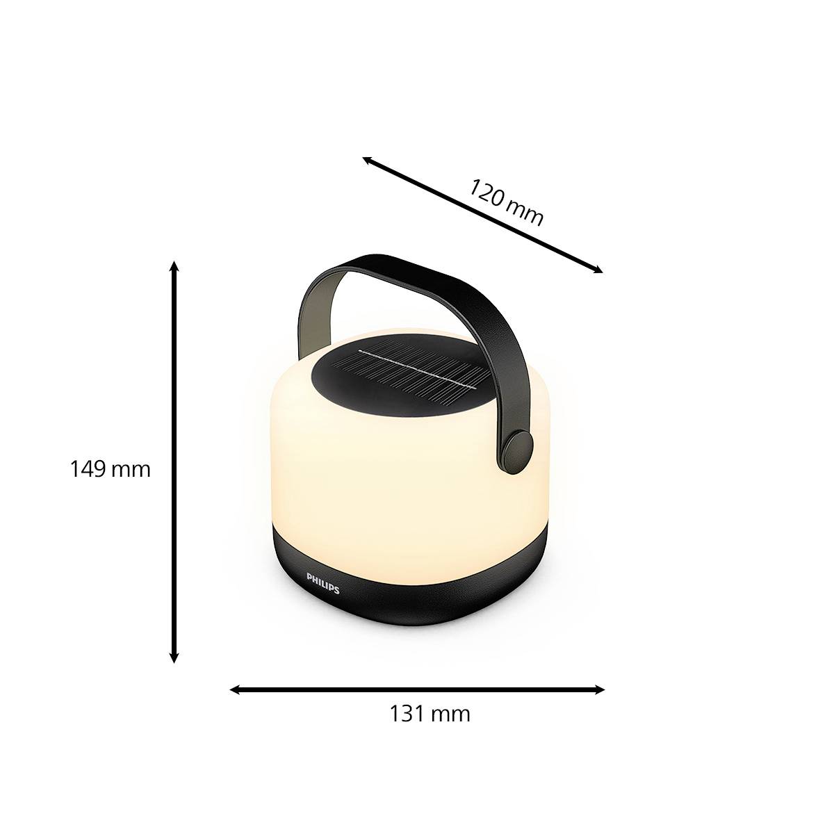 Eine tragbare Lampe mit Griff. Sie ist 149 mm hoch, 131 mm breit und 120 mm tief.