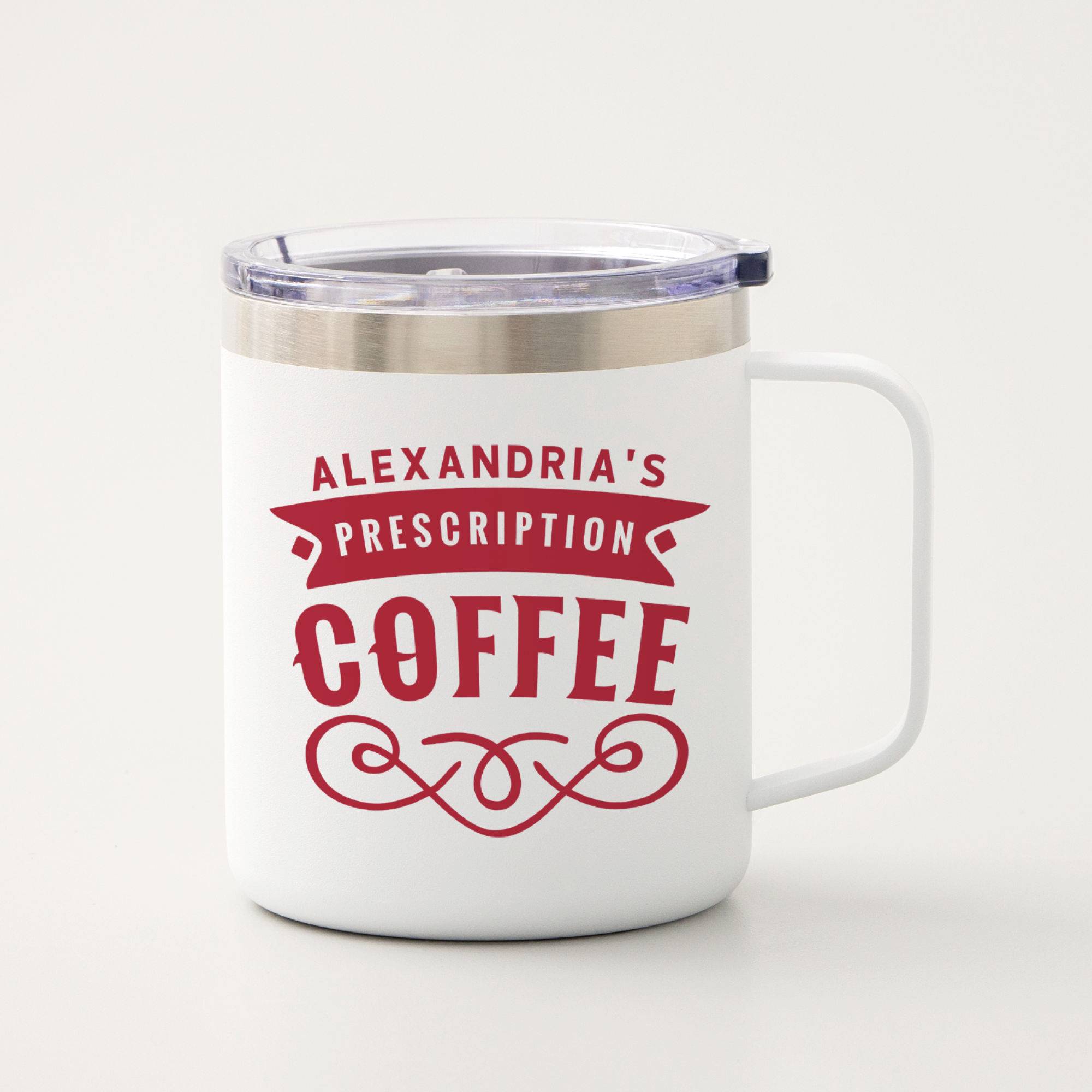 Weiße Kaffeetasse mit rotem Text 'Alexandria's Prescription: Coffee'.