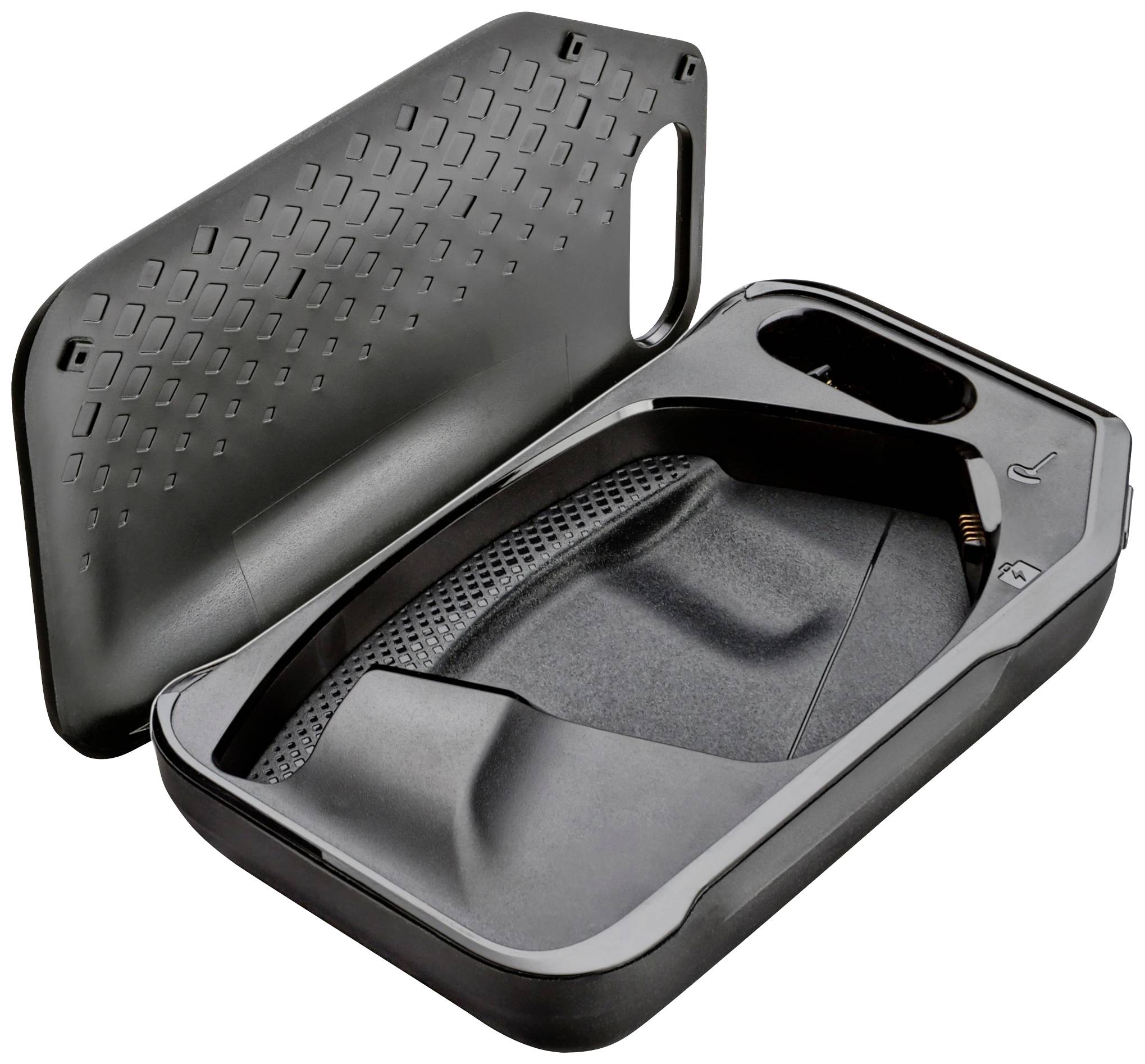 Schwarzes, rechteckiges Etui mit diagonalen Rillen auf dem Deckel und geformter Innenfläche, passend für ein spezifisches Objekt.