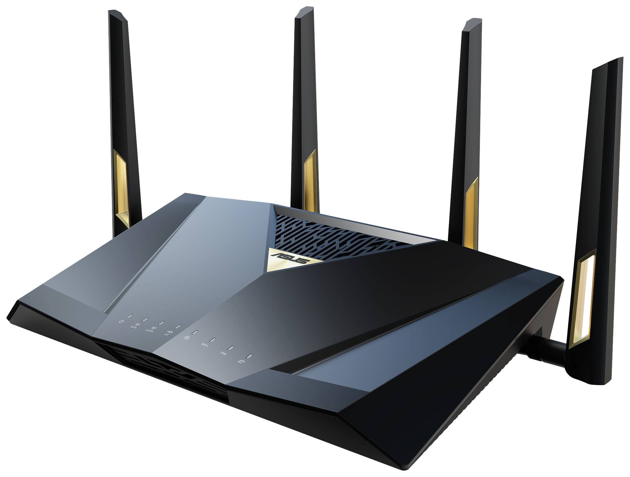 Ein moderner, schwarzer WLAN-Router mit fünf Antennen, schräg von vorne gezeigt, auf einem weißen Hintergrund.