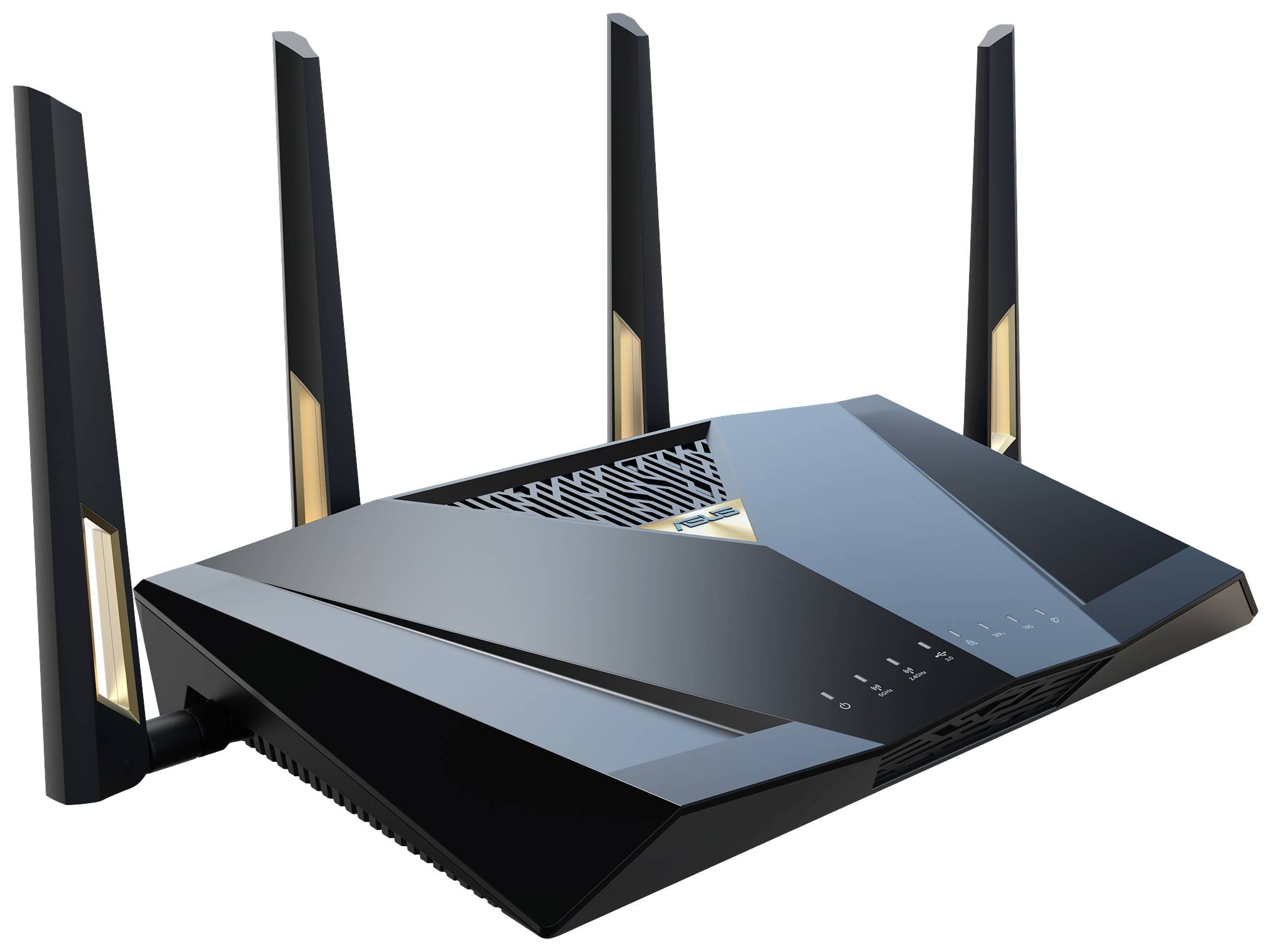 Ein schwarzer WLAN-Router mit vier aufrecht stehenden Antennen. Die Vorderseite zeigt Leuchtanzeigen für verschiedene Verbindungsstatus.