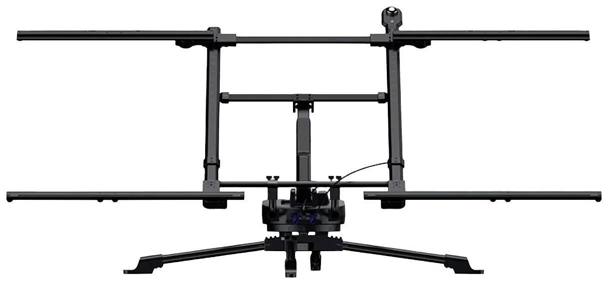 Eine schwarze, rechteckige Metallstruktur, möglicherweise ein Kamera-Rig oder ein Rahmen für technische Ausrüstung, vor weißem Hintergrund.