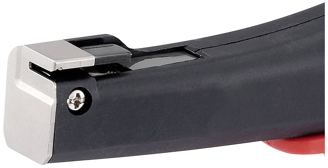 Ein schwarzer Tacker aus Metall und Kunststoff mit silberner Spitze, liegt auf einer weißen Oberfläche.