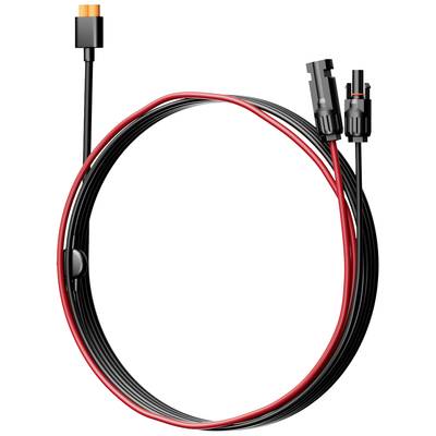 Ein langes, schwarzes und rotes Kabel mit Steckverbindern an beiden Enden, geeignet für Solarstromanlagen oder ähnliche elektrische Systeme.