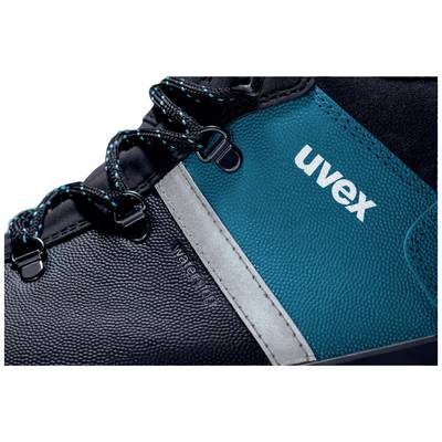 Sicherheitsstiefel mit schwarzem und blauem Leder, weißen Schnürsenkeln und 'uvex'-Logo auf der Seite.