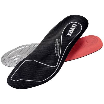 Einlegesohlen in Schwarz, Rot und Grau mit ergonomischem Design. Text 'uvex' sichtbar auf der schwarzen Sohle.