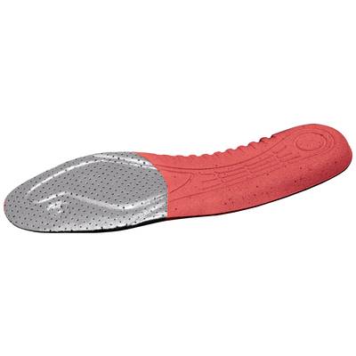 Rote Einlegesohle mit einem grauen, perforierten Vorderfußbereich, der für Belüftung und Dämpfung in Schuhen sorgt.