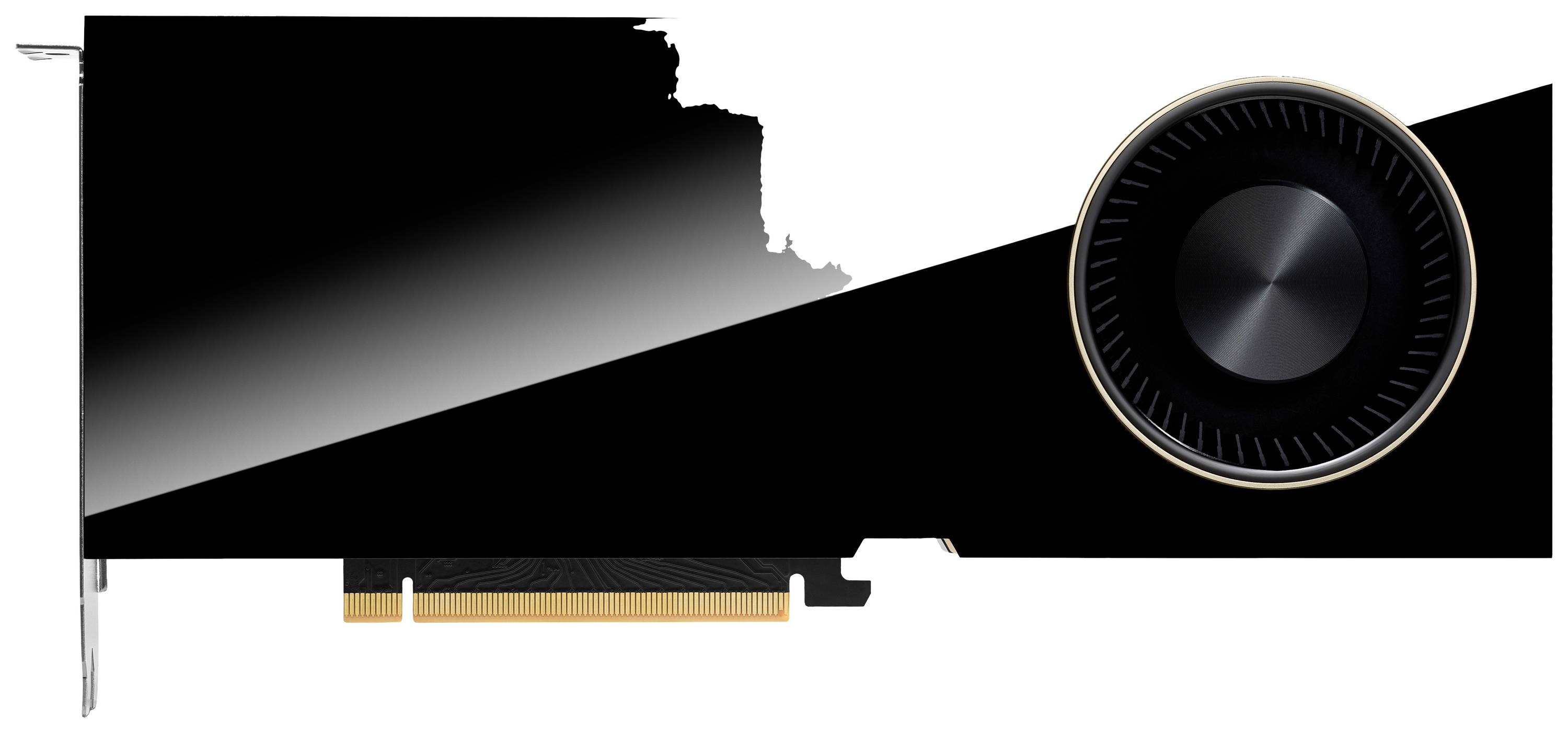 Schwarze Grafikkarte mit Lüfter auf einer Seite und einem goldenen PCIe-Anschluss. Geeignet für Computerhardware- oder Technikkontexte.