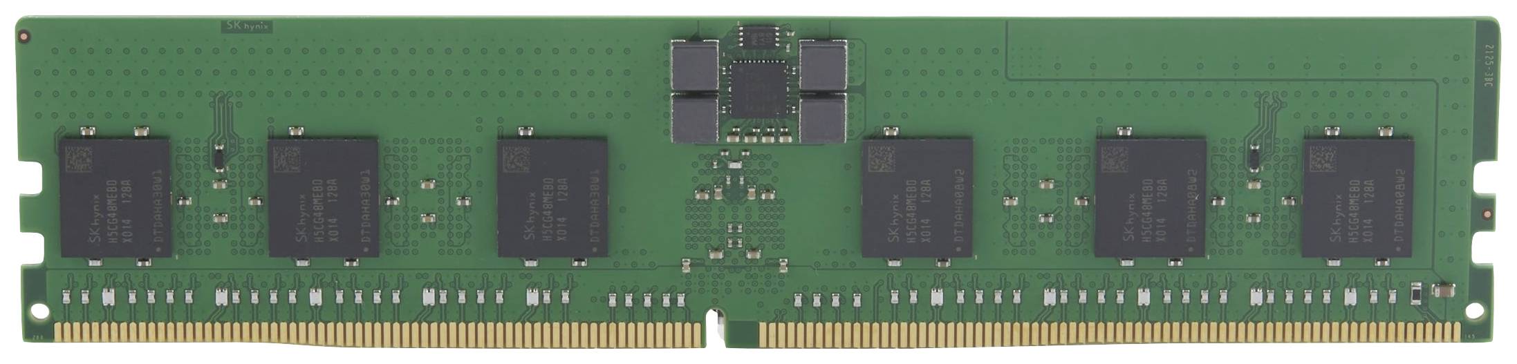 Grüner RAM-Speicherstick mit mehreren schwarzen Speicherchips und goldenen Kontakten, verwendet zur Speichererweiterung in Computern.