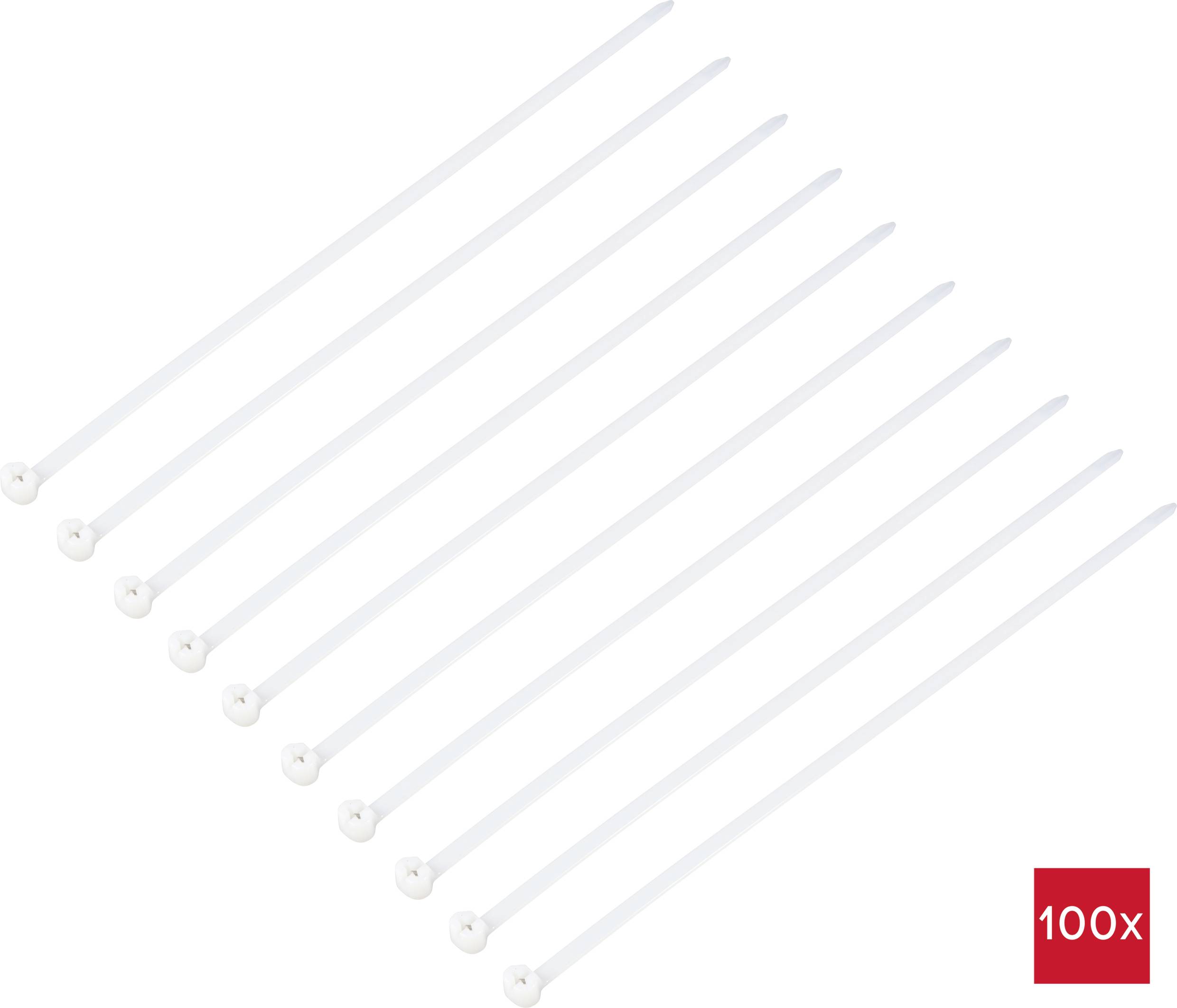 Zehn weiße Kabelbinder, gleichmäßig nebeneinander angeordnet, mit rotem Feld '100x' im unteren rechten Bildrand.