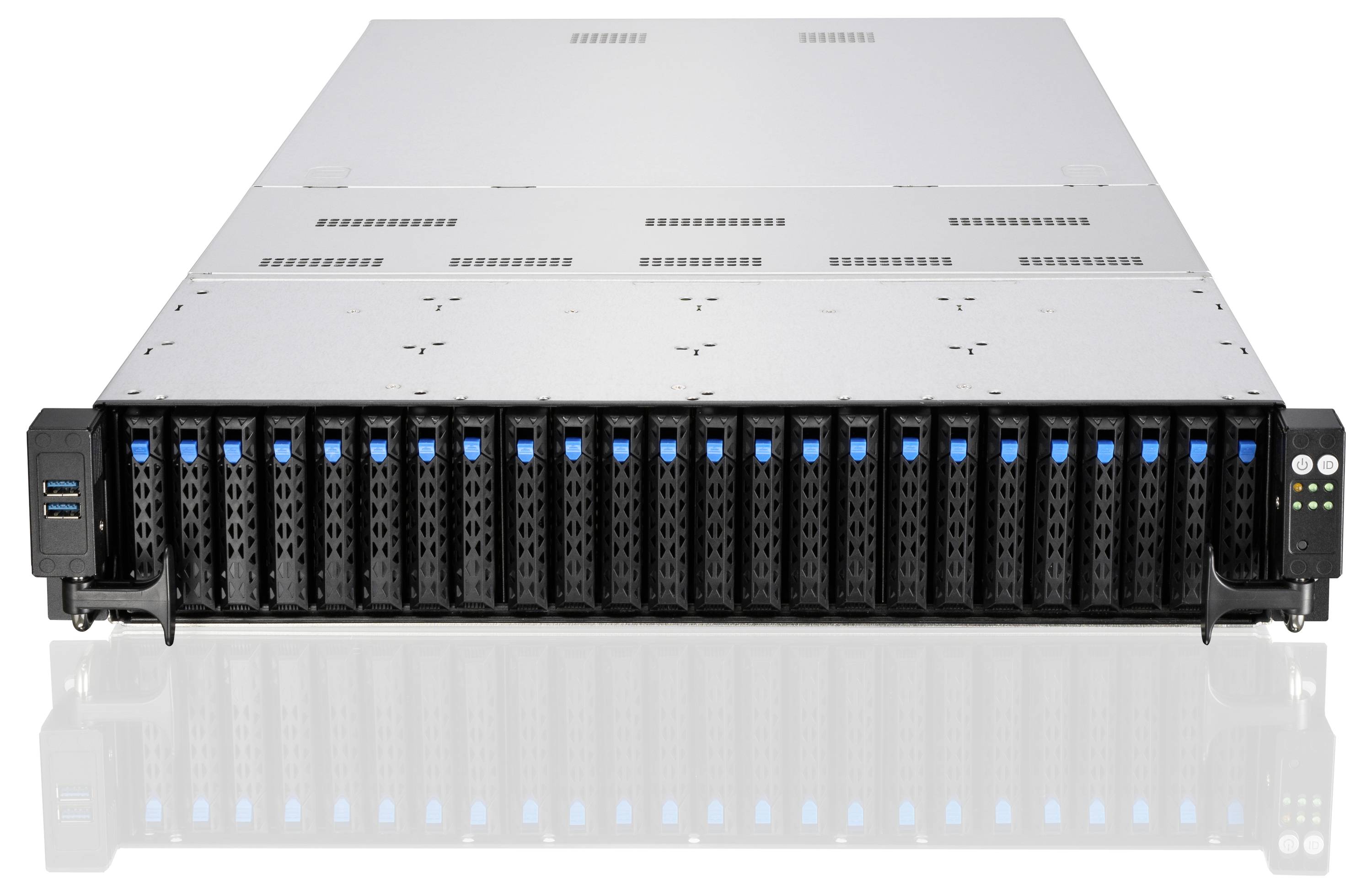 Ein Server-Rack mit mehreren Festplatteneinschüben, silbernes Gehäuse, frontale Sicht, geeignet für Speicherlösungen in Rechenzentren.