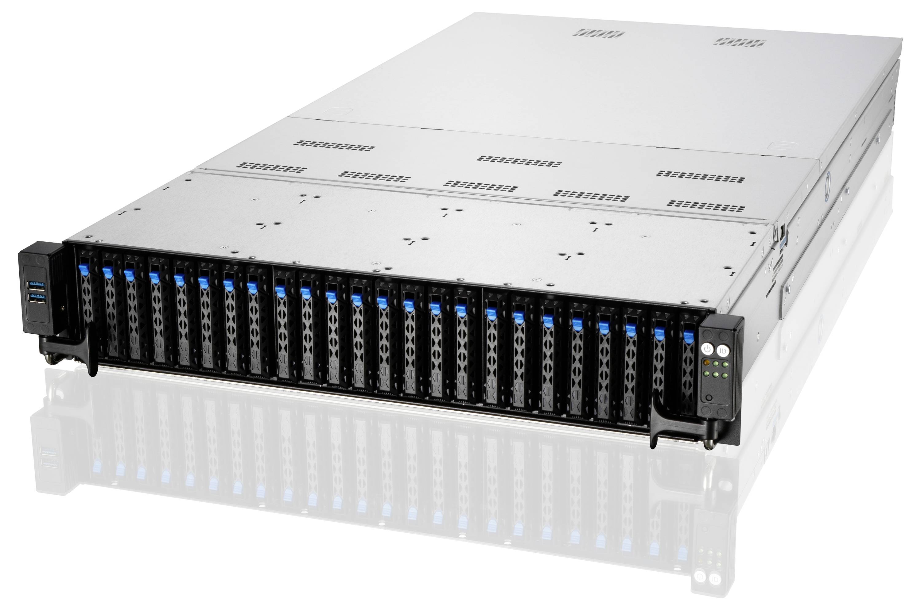 Ein 2U-Rack-Server mit 24 vorne montierten Festplatteneinschüben für Datenhaltung. Der Server ist grau und besitzt LED-Anzeigen.