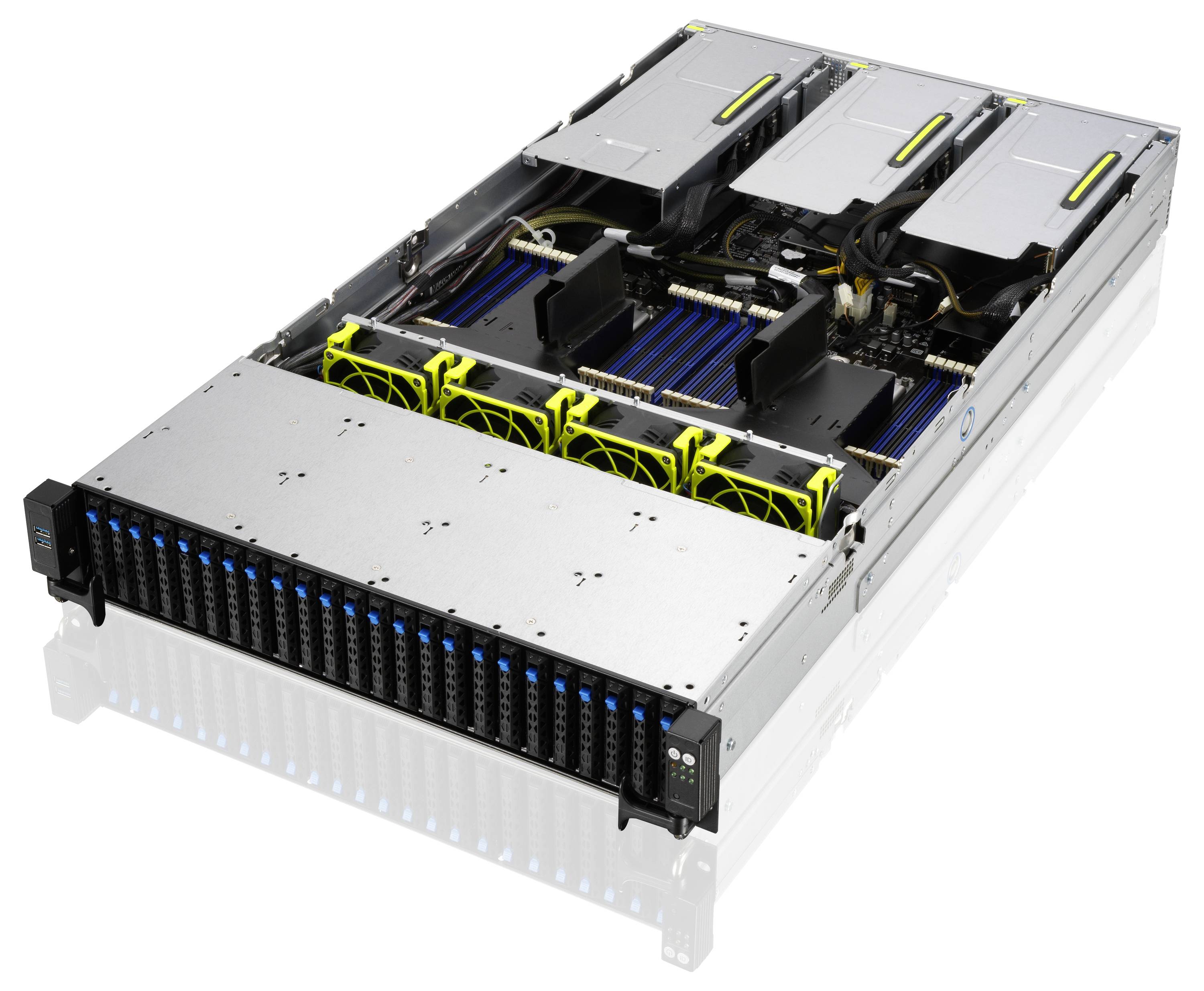 Ein Server-Rack mit multiple Laufwerksschächten und Kühllüftern, geeignet für Datenspeicherung und -verarbeitung in Rechenzentren.