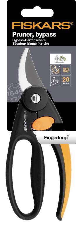 Schwarze und orangefarbene Gartenschere von Fiskars mit Verpackung. Geeignet für Äste bis 20 mm. Ergonomisches Design mit Fingerloop-Griff.