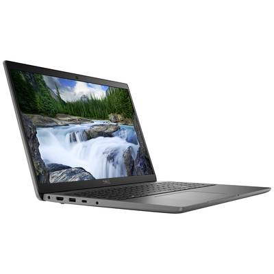 Ein Laptop mit geöffneter Anzeige, auf der ein Hintergrundbild von einem Wald und einem Wasserfall zu sehen ist, steht aufrecht.