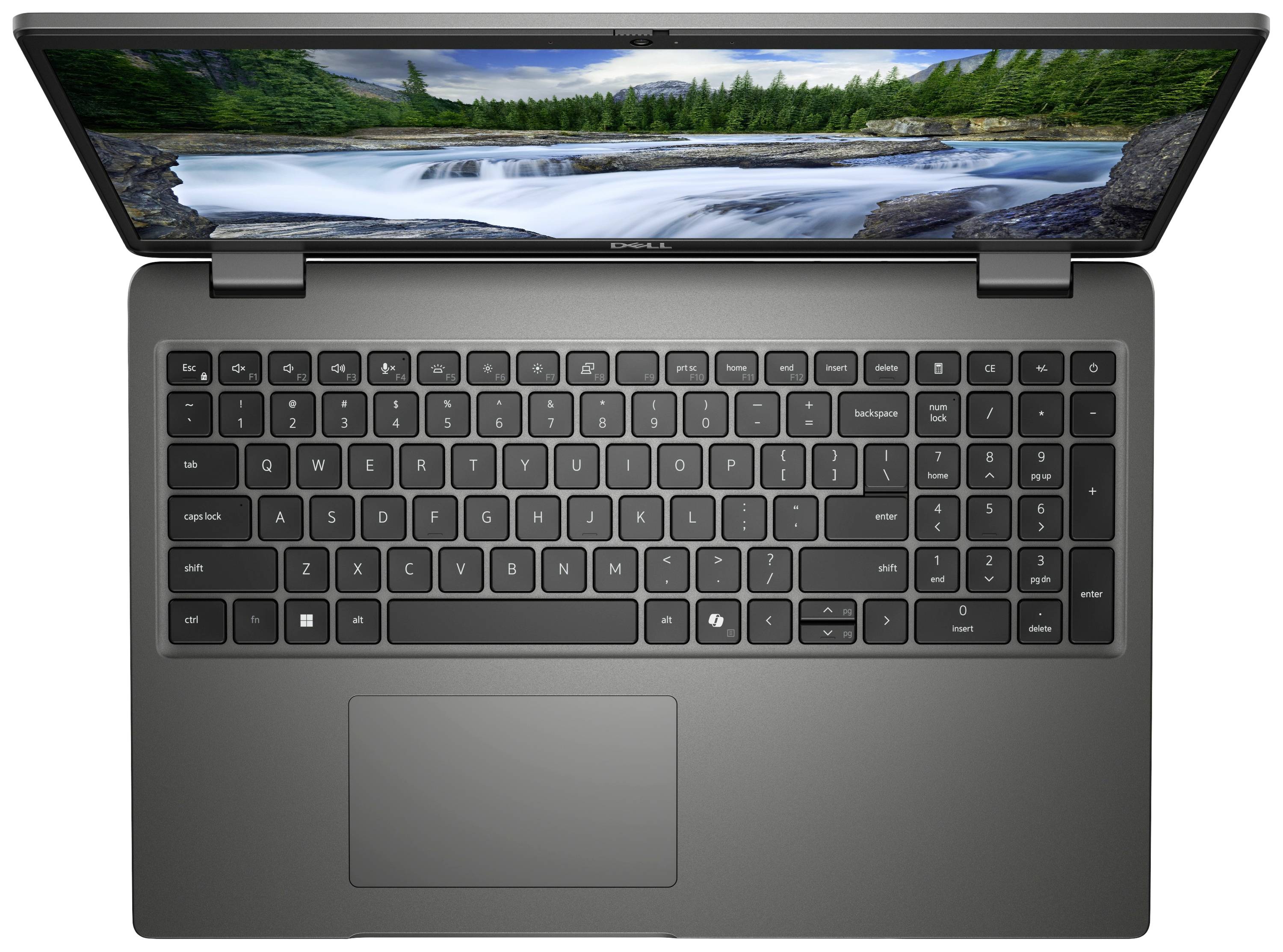 Ein Laptop mit schwarzer Tastatur und einem Bildschirm, der einen Wasserfall und Bäume im Hintergrund zeigt. Sicht von oben.