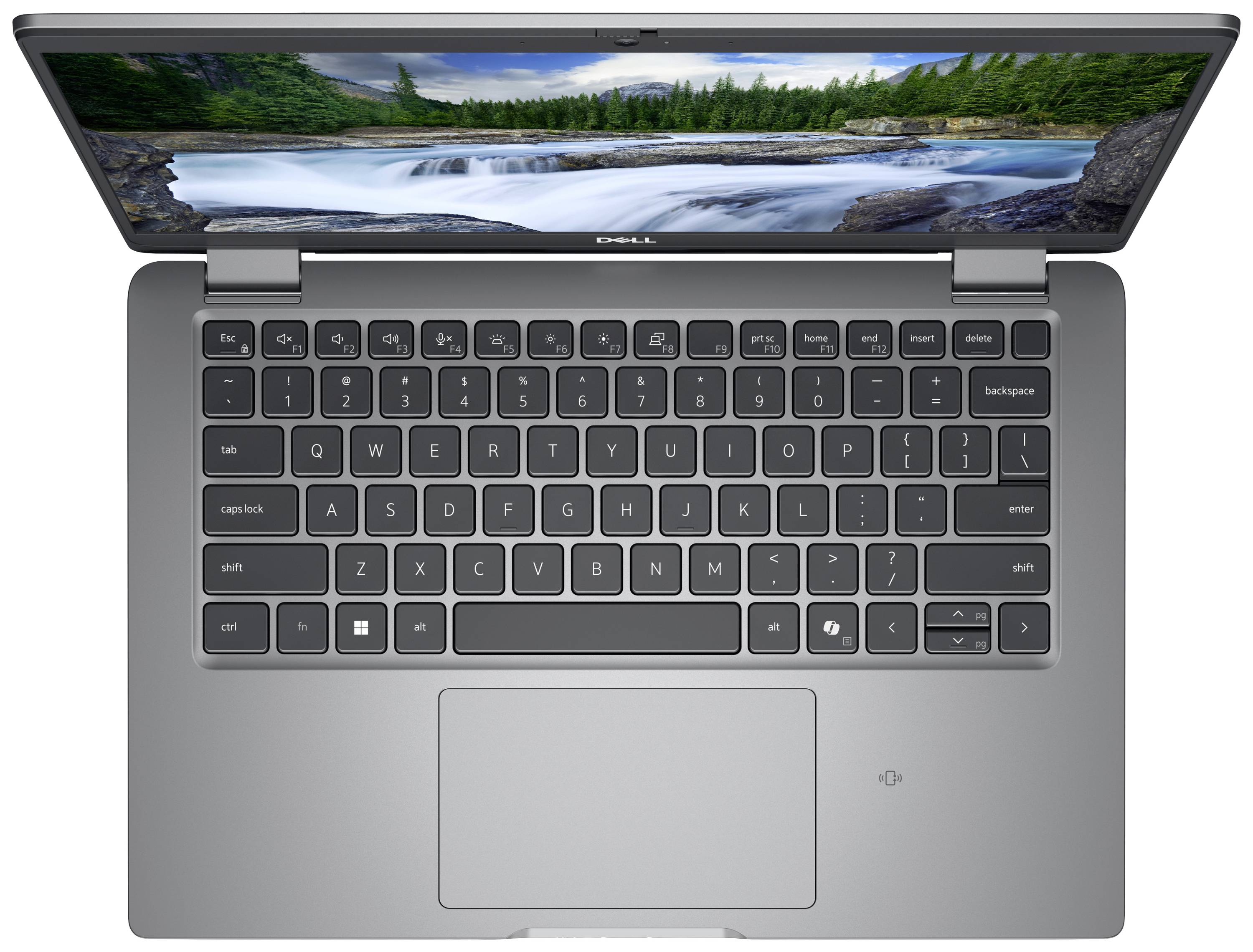 Ein Laptop mit geöffneter Tastatur, Display zeigt Landschaft mit Wasserfall und Bäumen.