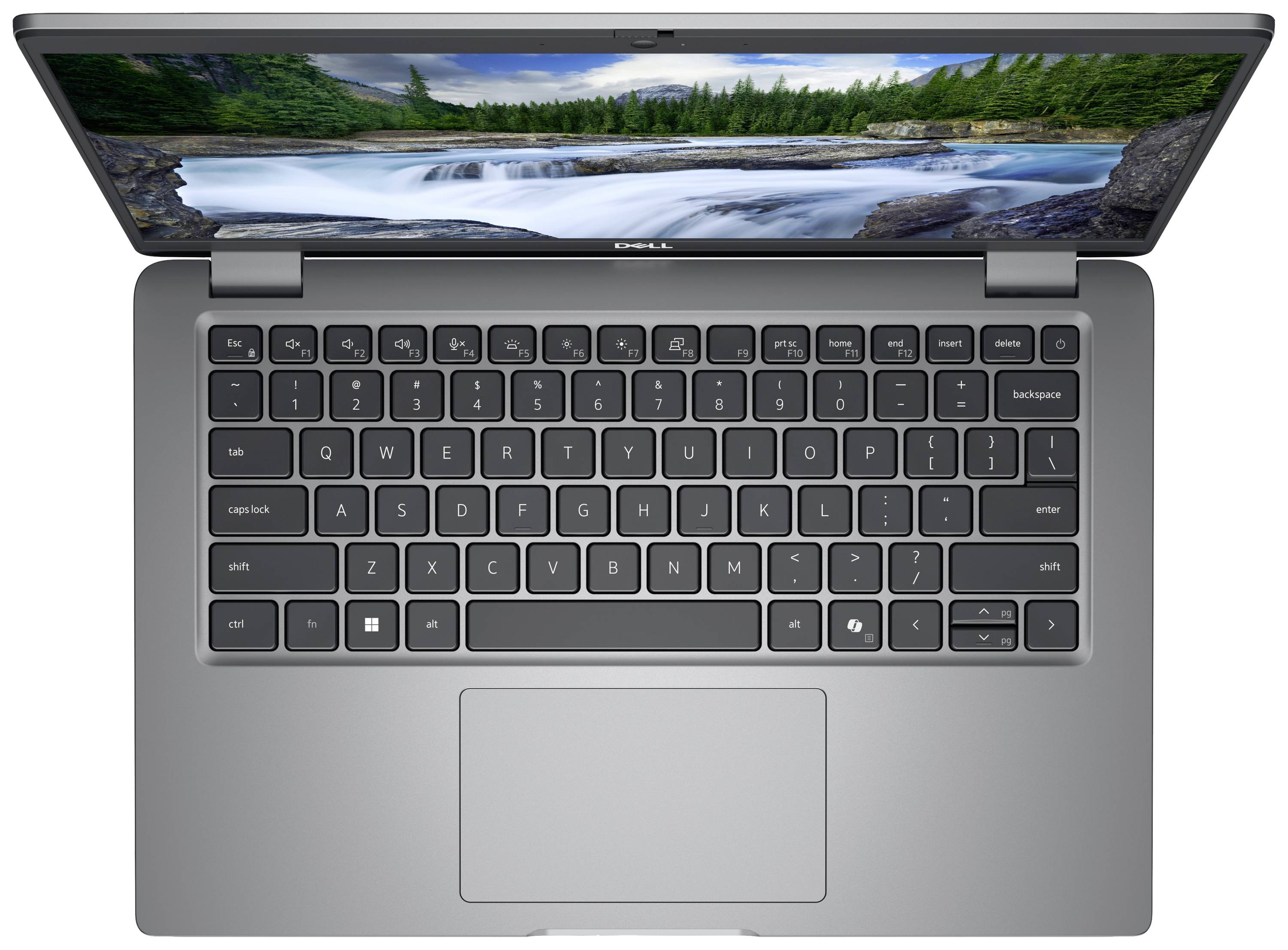 Ein Laptop mit Blick von oben. Der Bildschirm zeigt eine Landschaft mit einem Fluss und Wäldern im Hintergrund.