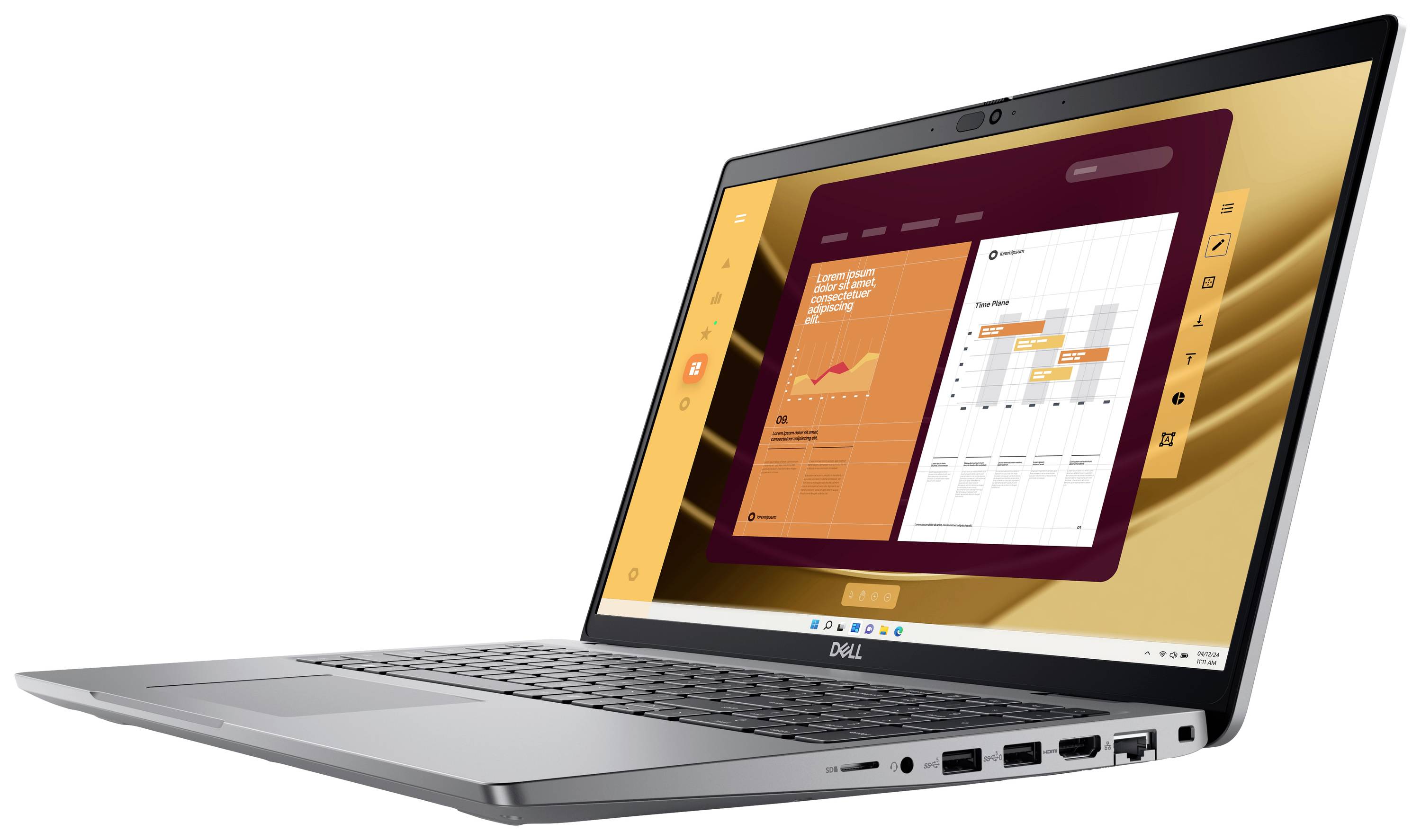 Ein geöffneter Laptop der Marke Dell zeigt ein Diagramm auf dem Bildschirm. Der Laptop hat ein schlankes, silbernes Design.