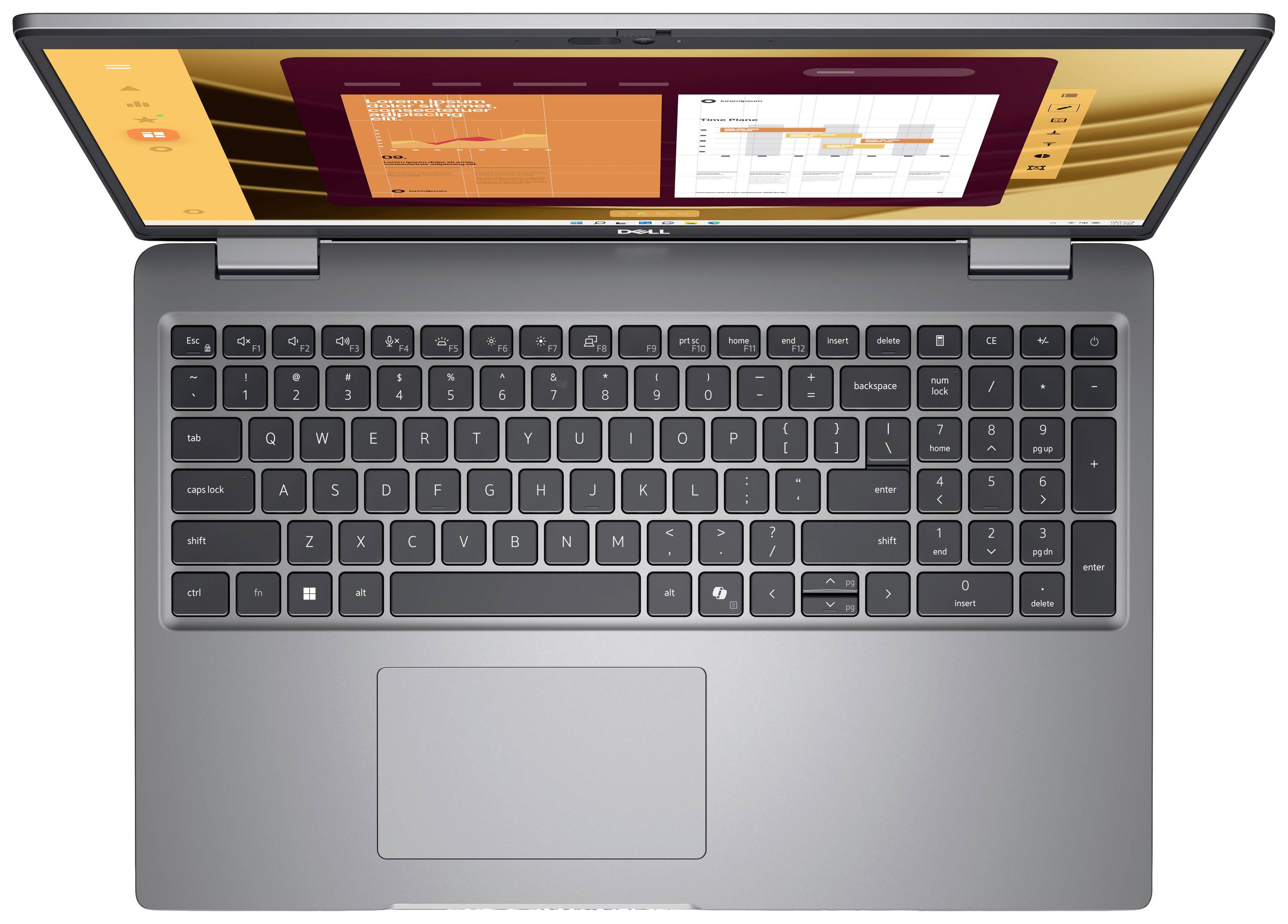 Ein Laptop von oben mit geöffneter Anzeige, die Diagramme und Text aufgeteilt in zwei Fenster zeigt. Tastatur und Touchpad sind sichtbar.