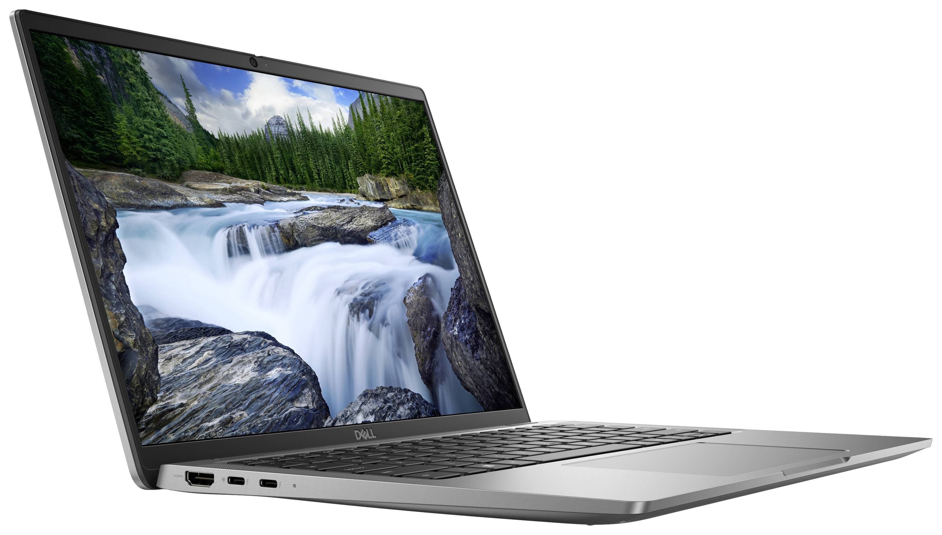 Ein geöffneter Laptop zeigt auf dem Bildschirm ein Bild eines malerischen Wasserfalls in einer bewaldeten Umgebung.