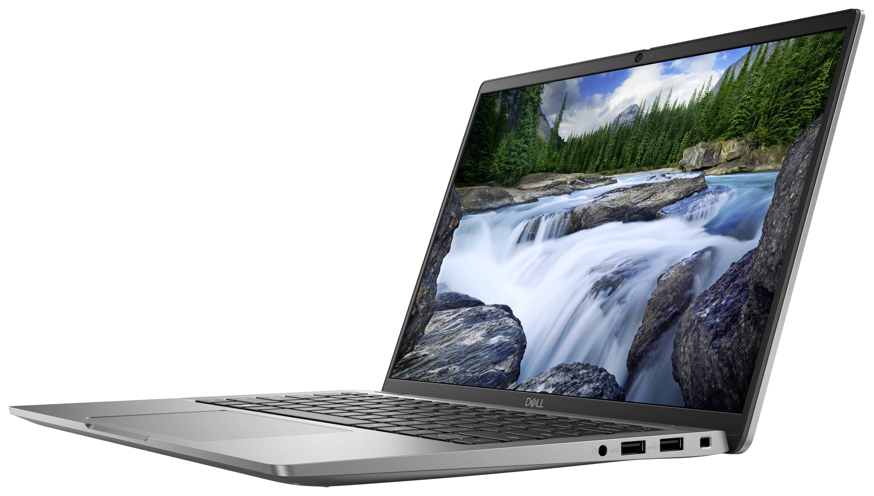 Ein Laptop zeigt einen Bildschirm mit einem Bild von einem Fluss, der durch einen Wald fließt. Das Gerät hat eine graue Tastatur.