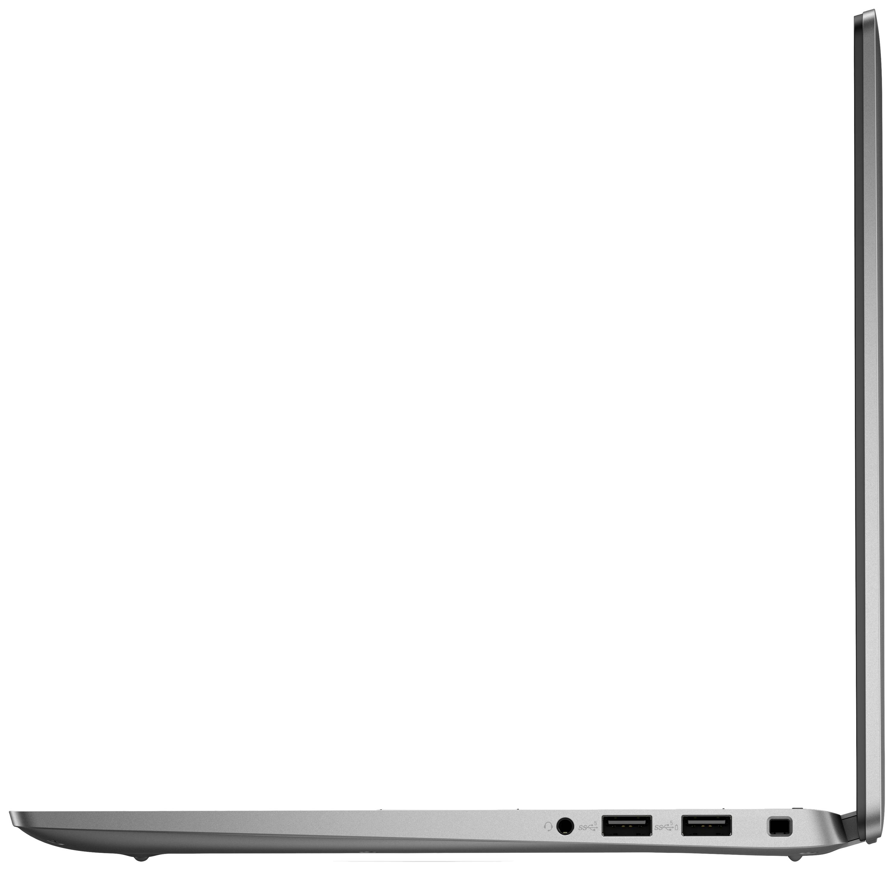 'Slimmer Laptop von der Seite mit geöffnetem Bildschirm, zeigt USB-Anschlüsse und schlankes Design.'