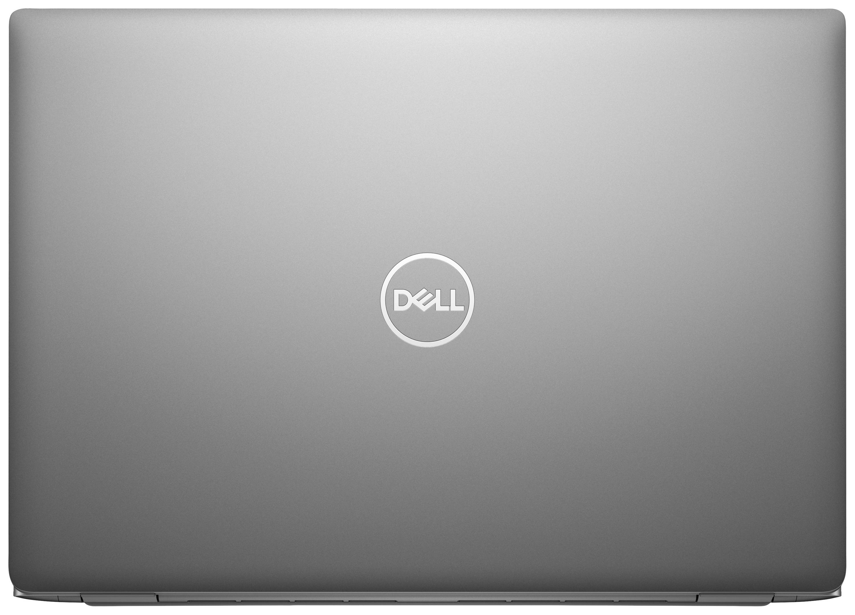 Ein silberner Laptopdeckel mit dem Dell-Logo in der Mitte.