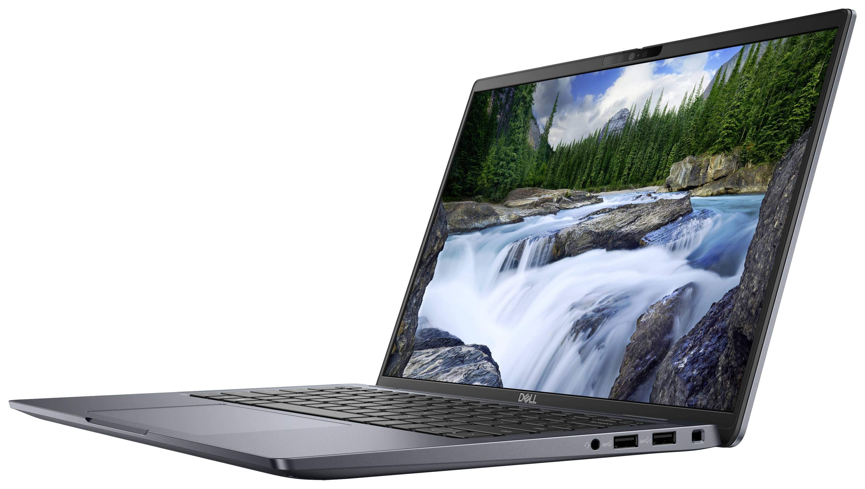 Ein aufgeklappter Laptop mit einem Bildschirm, der einen lebhaften Wasserfall und grüne Wälder zeigt. Die Tastatur ist sichtbar.
