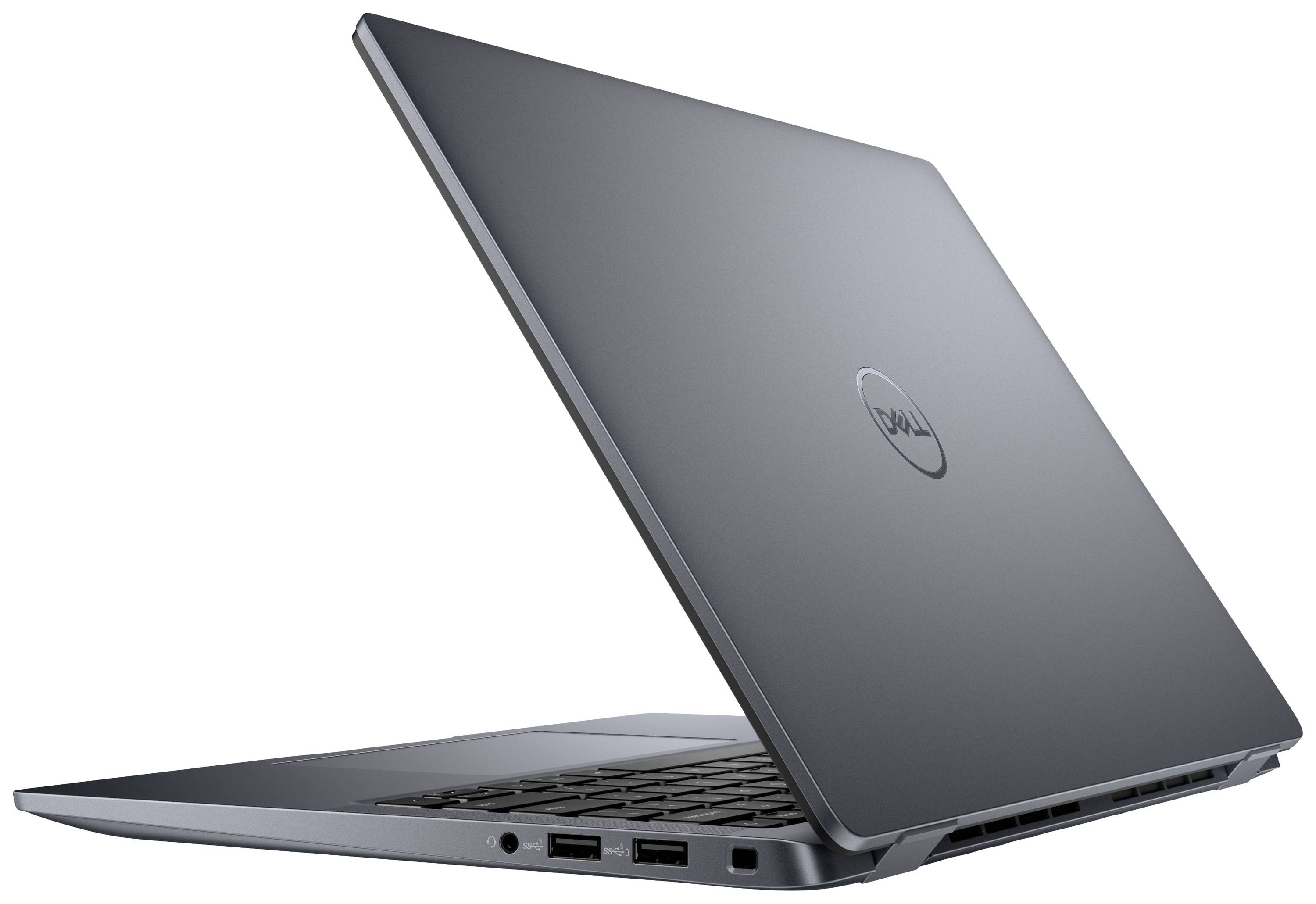 Ein Laptop in einer seitlichen Ansicht, teilweise geöffnet, zeigt das Dell-Logo auf dem Gehäuse.